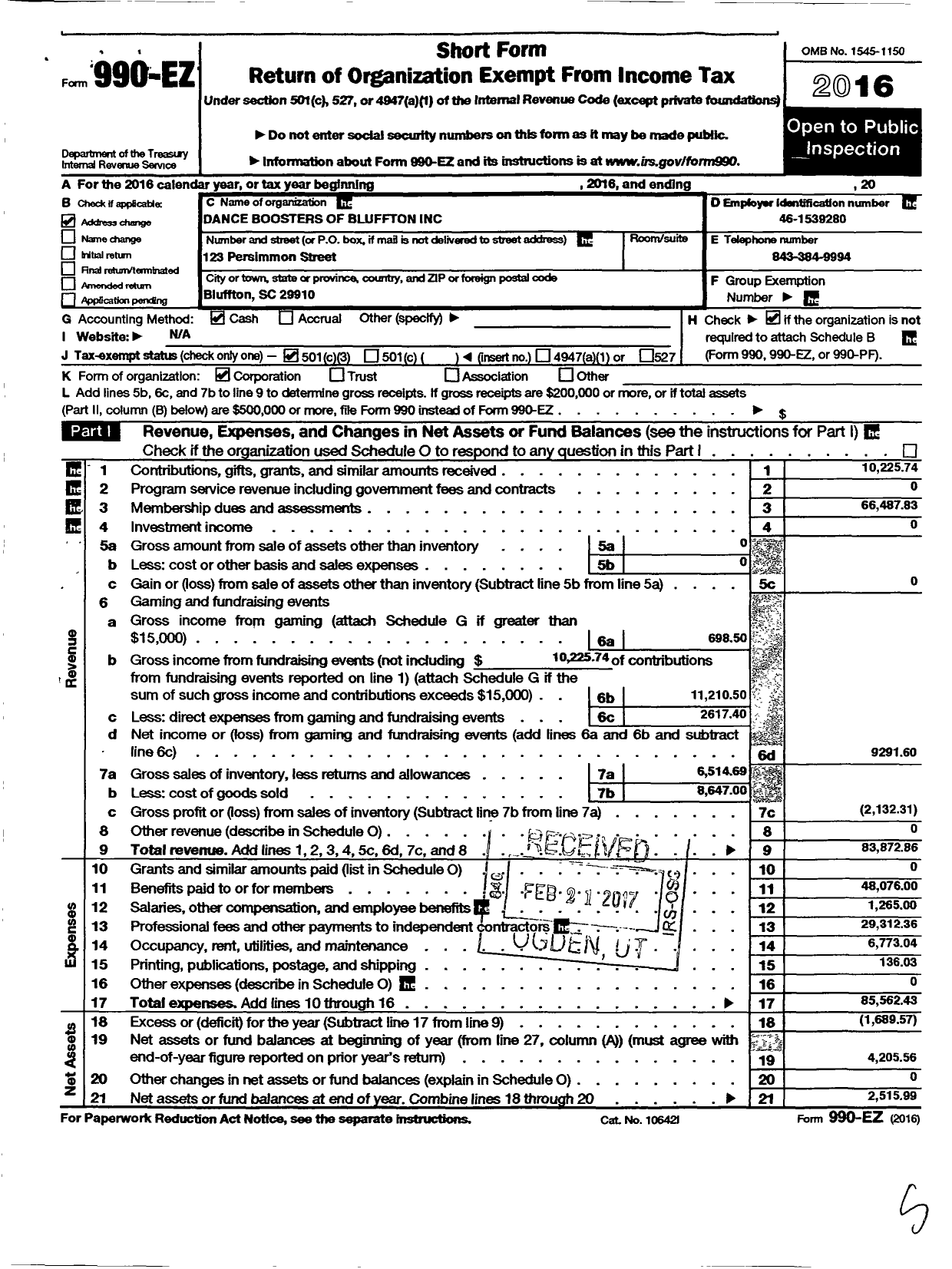 Image of first page of 2016 Form 990EZ for Parent Booster USA / Dance Boosters of Bluffton Inc