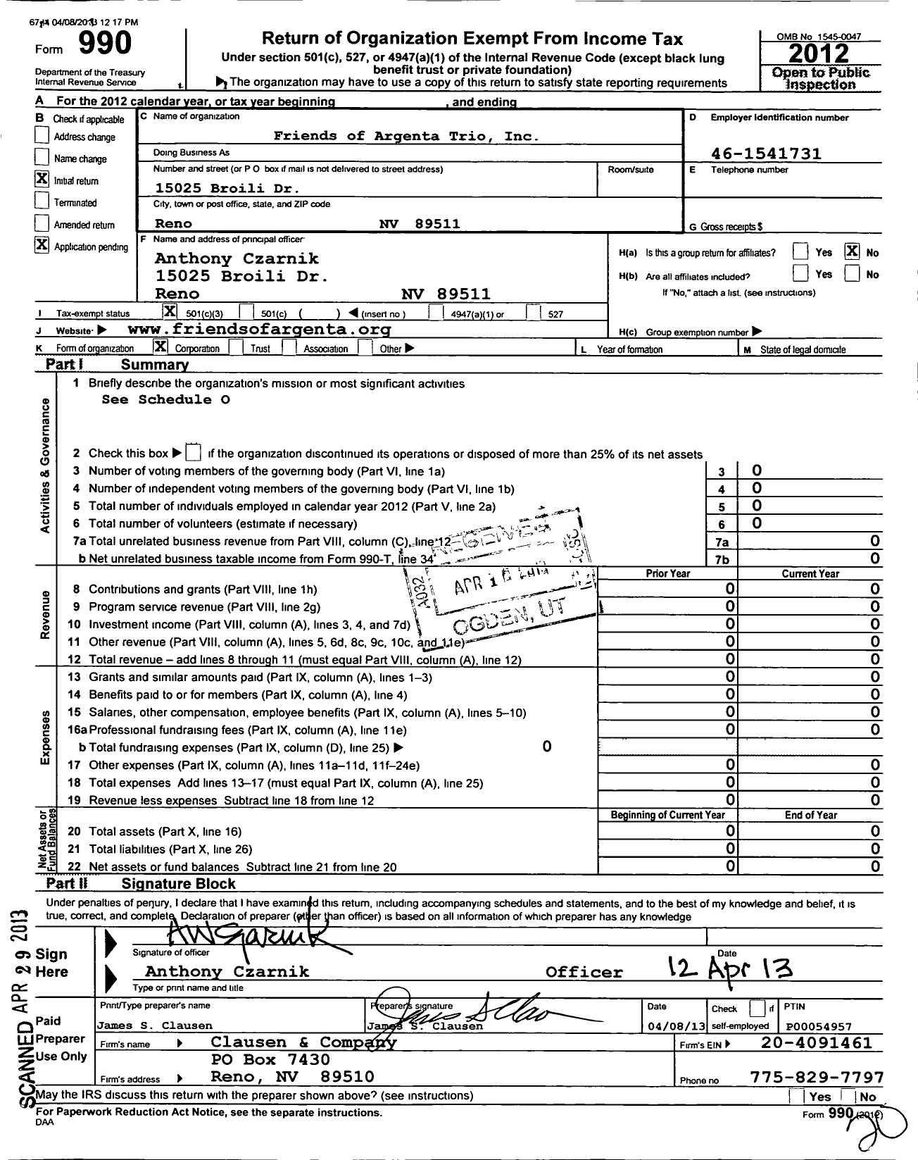 Image of first page of 2012 Form 990 for Chamber Music Reno
