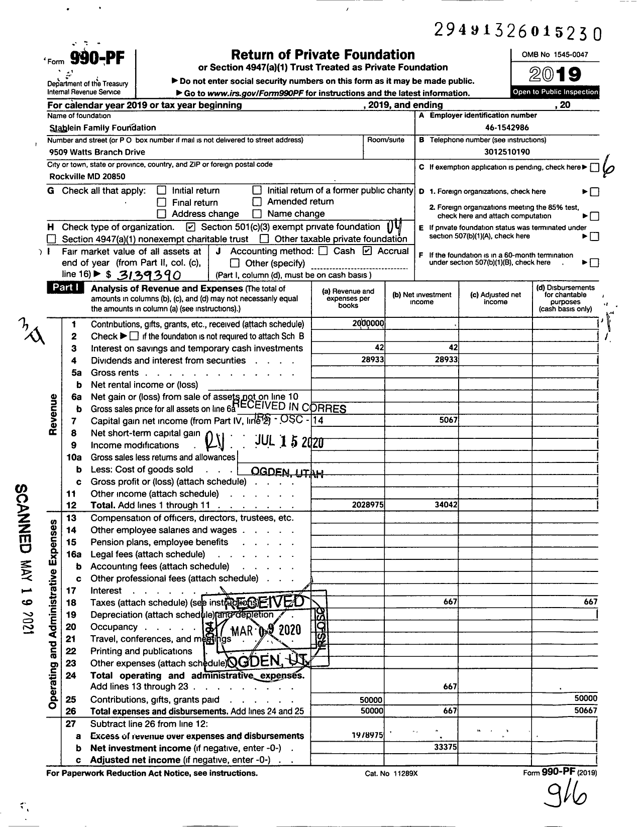 Image of first page of 2019 Form 990PF for Stablein Family Foundation