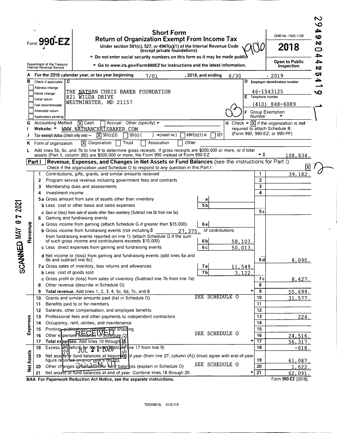 Image of first page of 2018 Form 990EZ for The Nathan Chris Baker Foundation