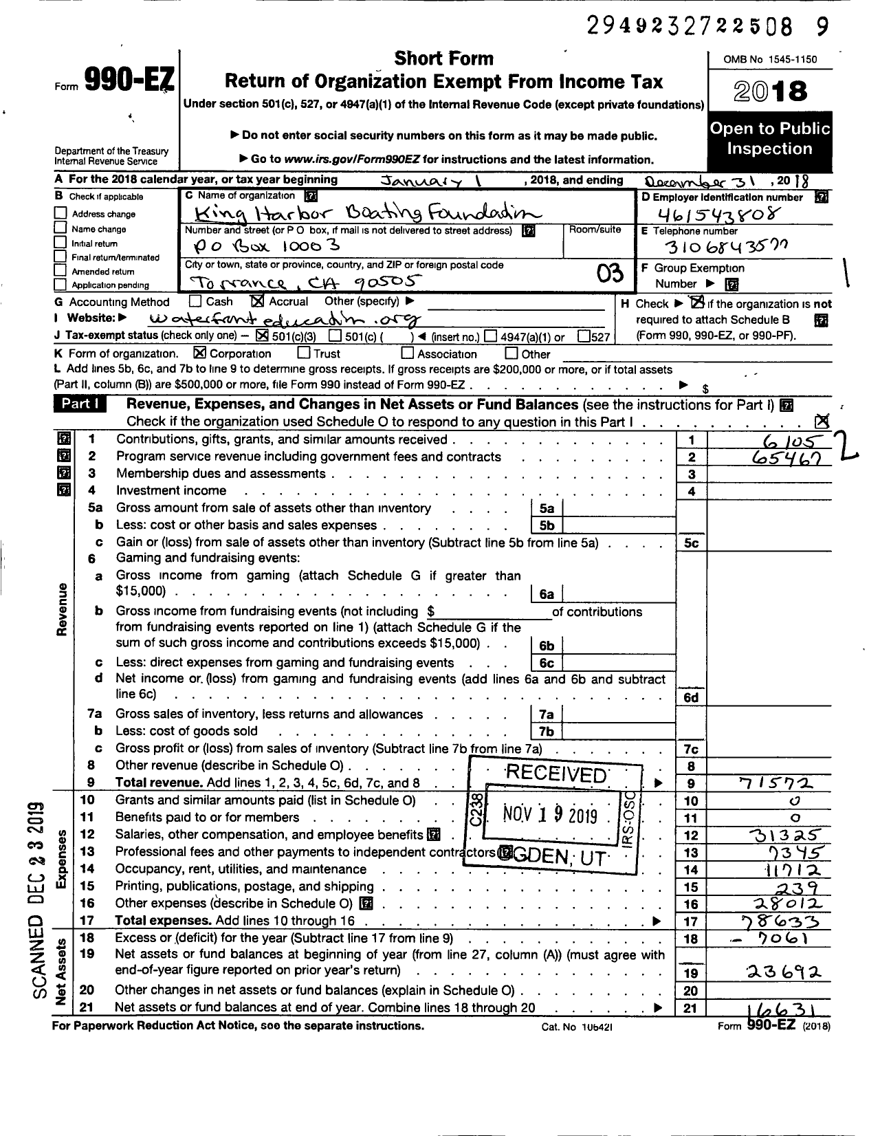 Image of first page of 2018 Form 990EZ for Waterfront Education