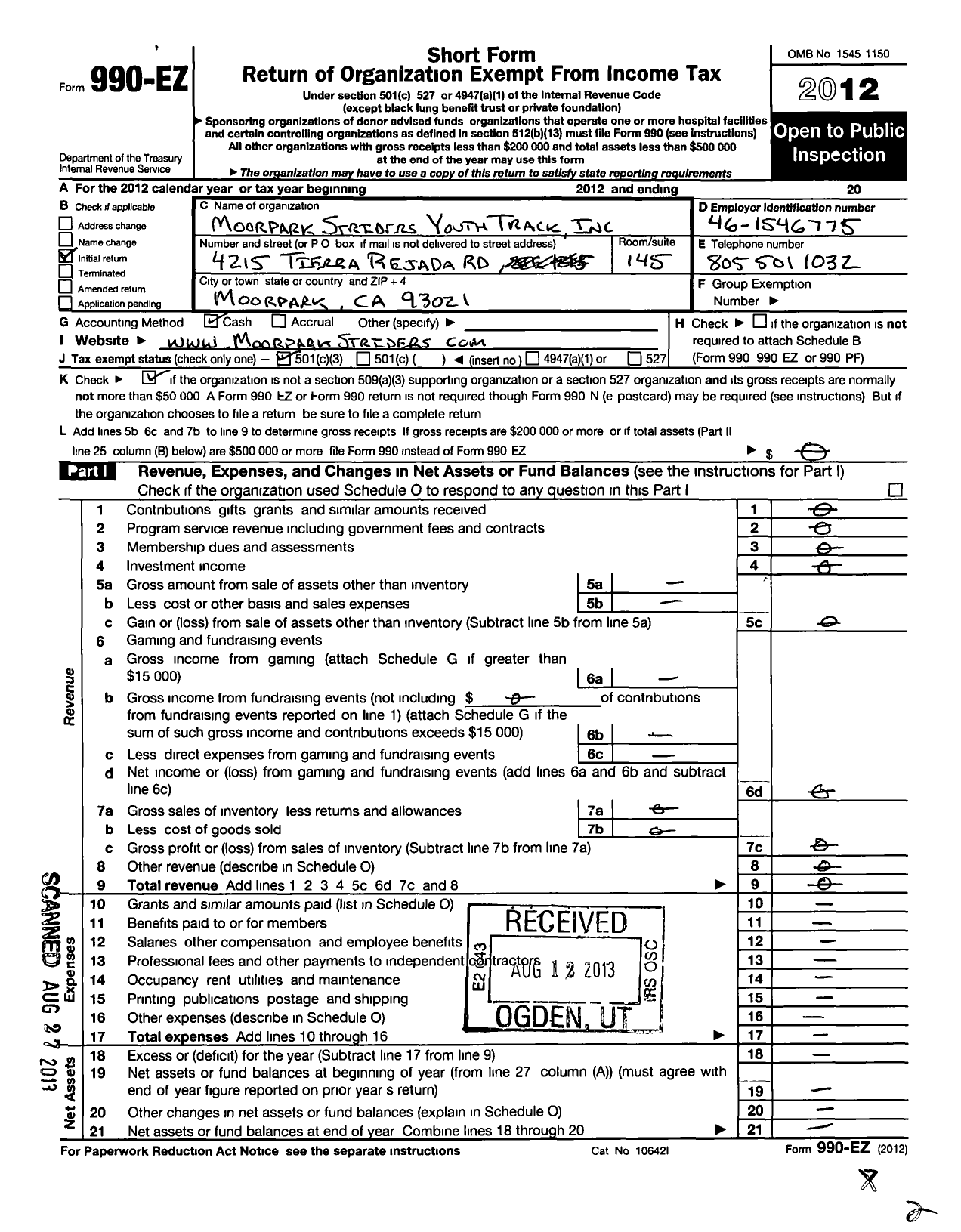 Image of first page of 2012 Form 990EZ for Moorpark Striders Youth Track