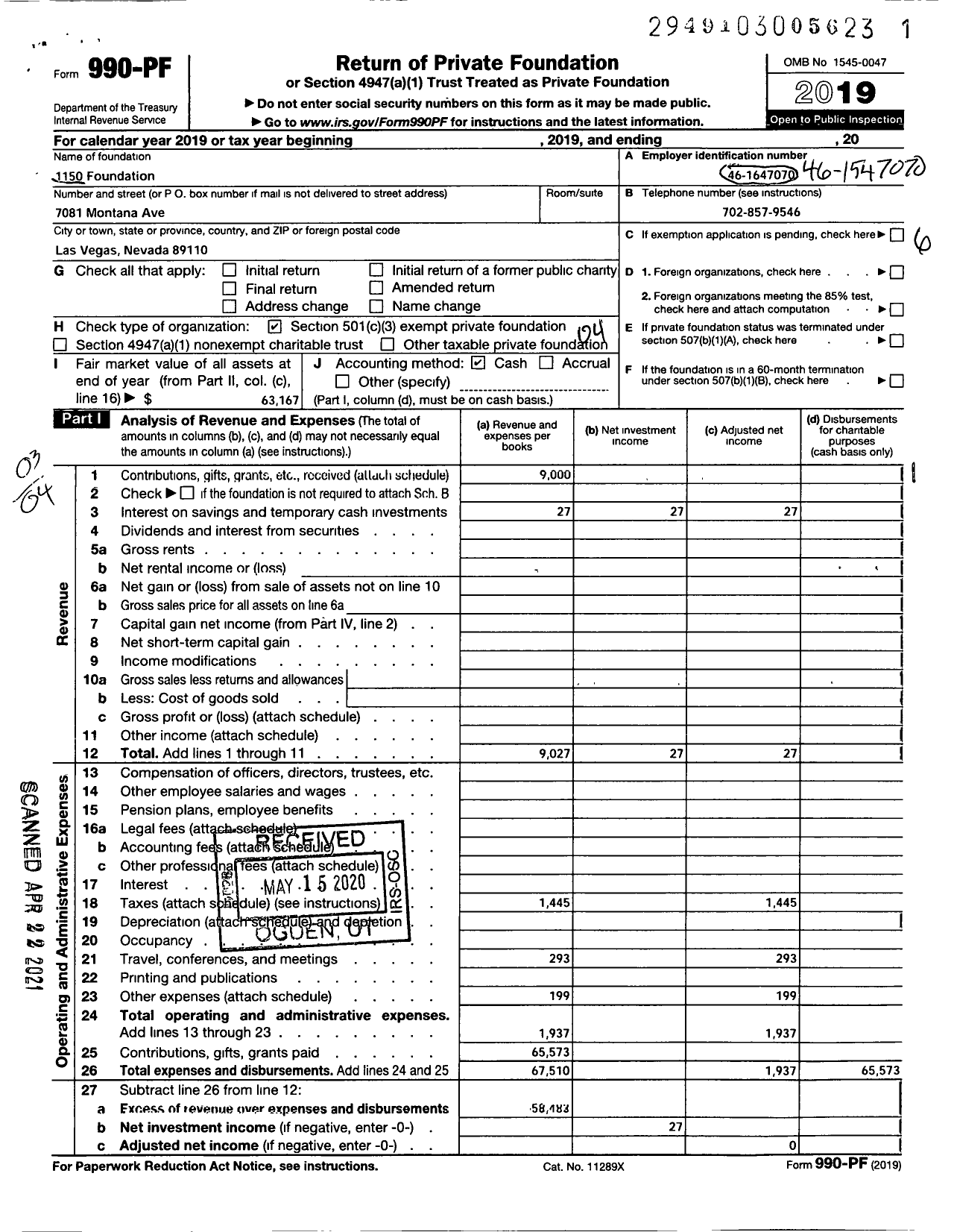 Image of first page of 2019 Form 990PF for 1150 Foundation