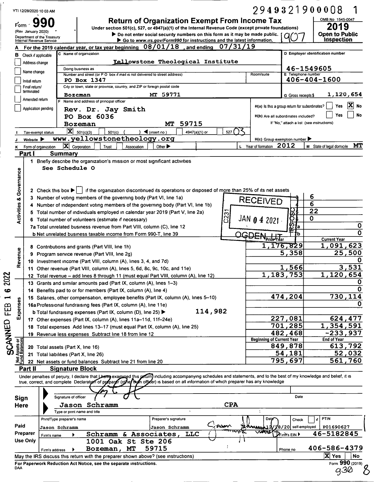 Image of first page of 2018 Form 990 for Yellowstone Theological Institute