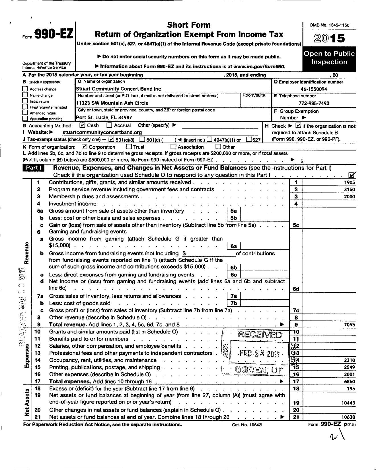 Image of first page of 2015 Form 990EZ for Stuart Community Concert Band