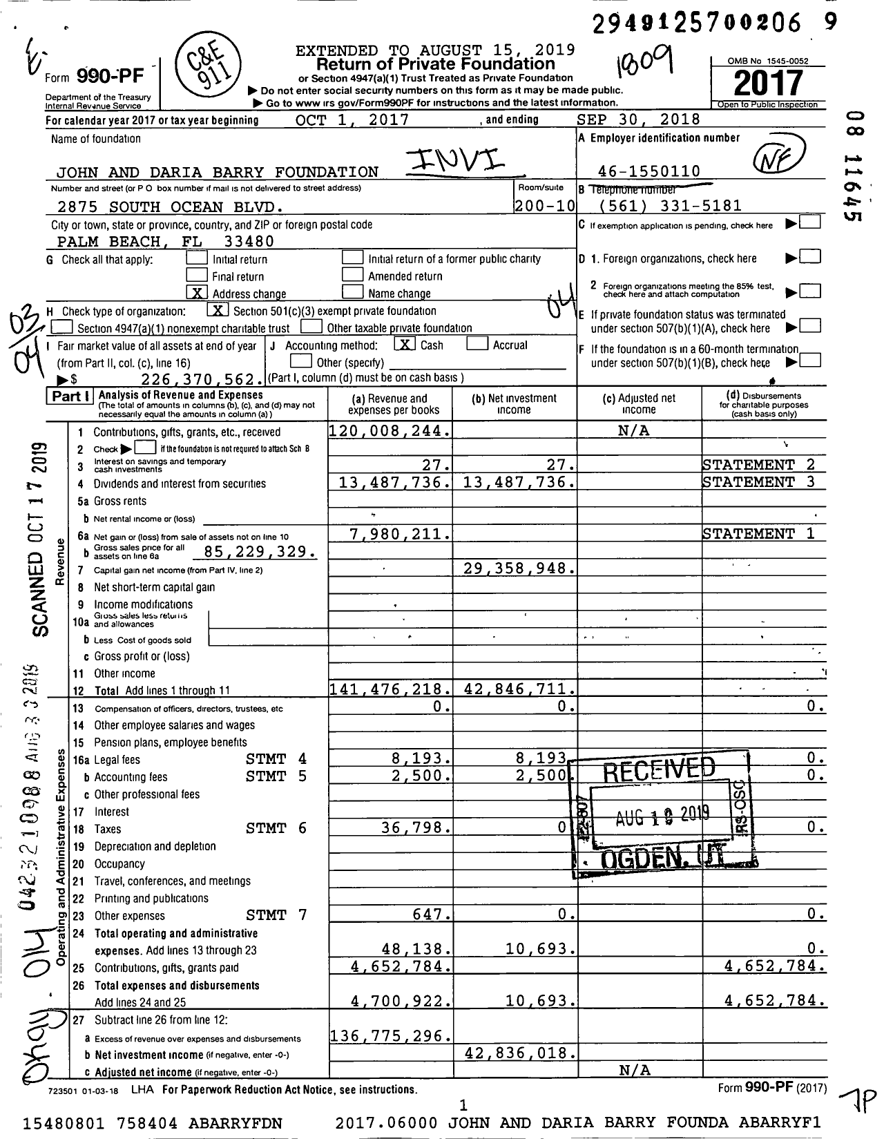 Image of first page of 2017 Form 990PF for John and Daria Barry Foundation