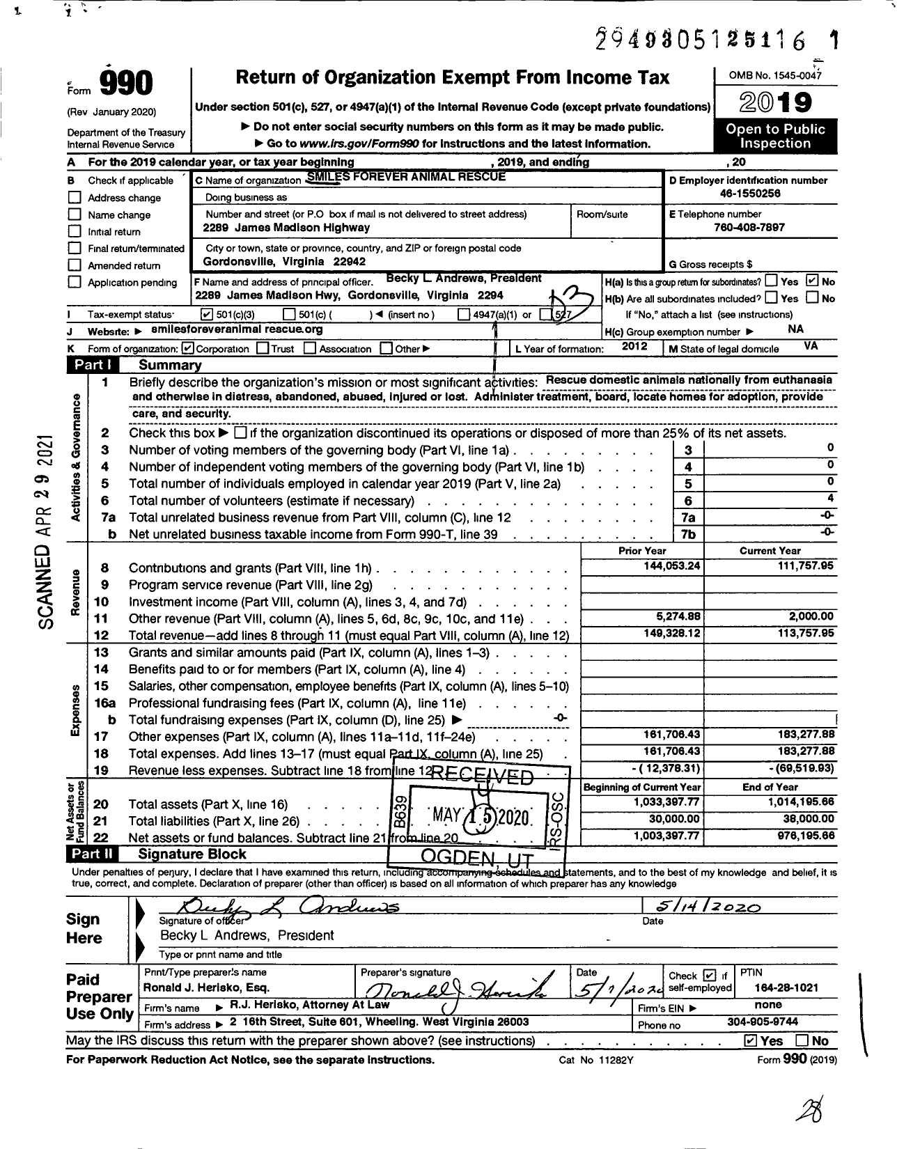 Image of first page of 2019 Form 990 for Smiles Forever Animal Rescue