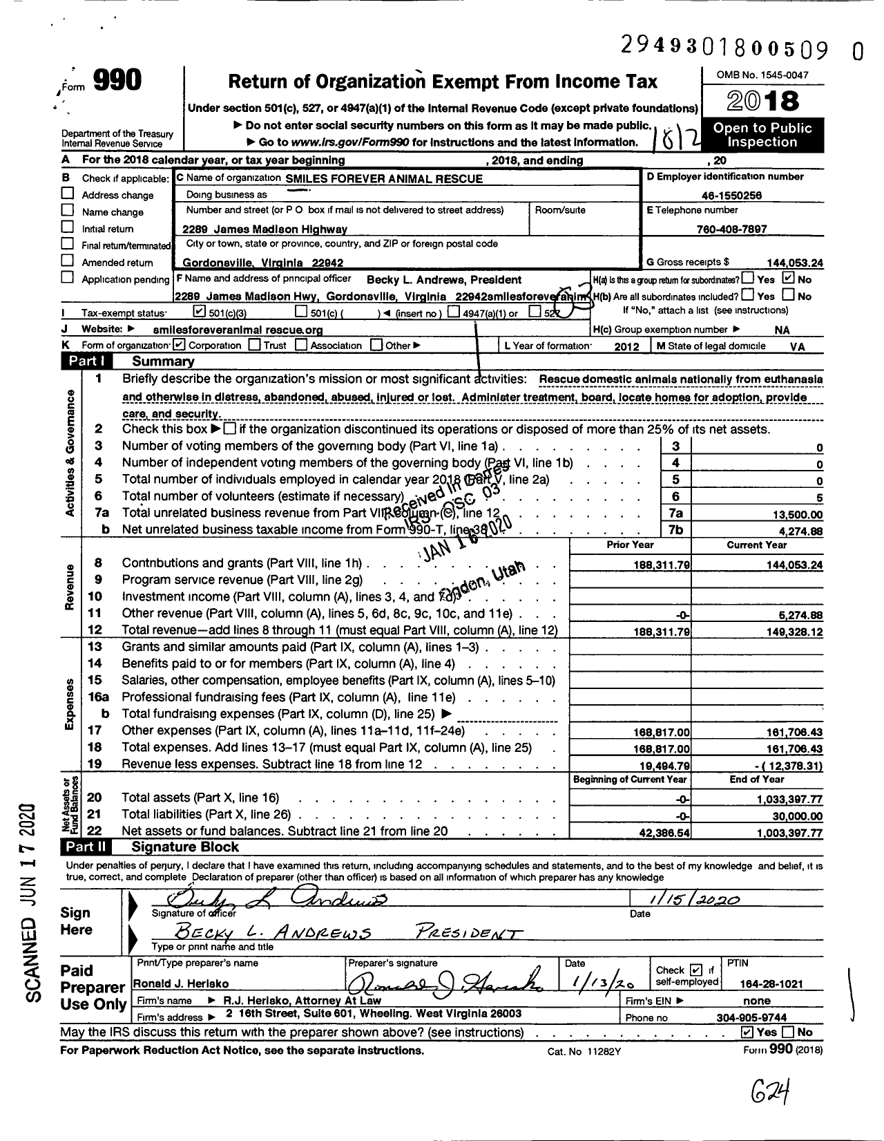 Image of first page of 2018 Form 990 for Smiles Forever Animal Rescue