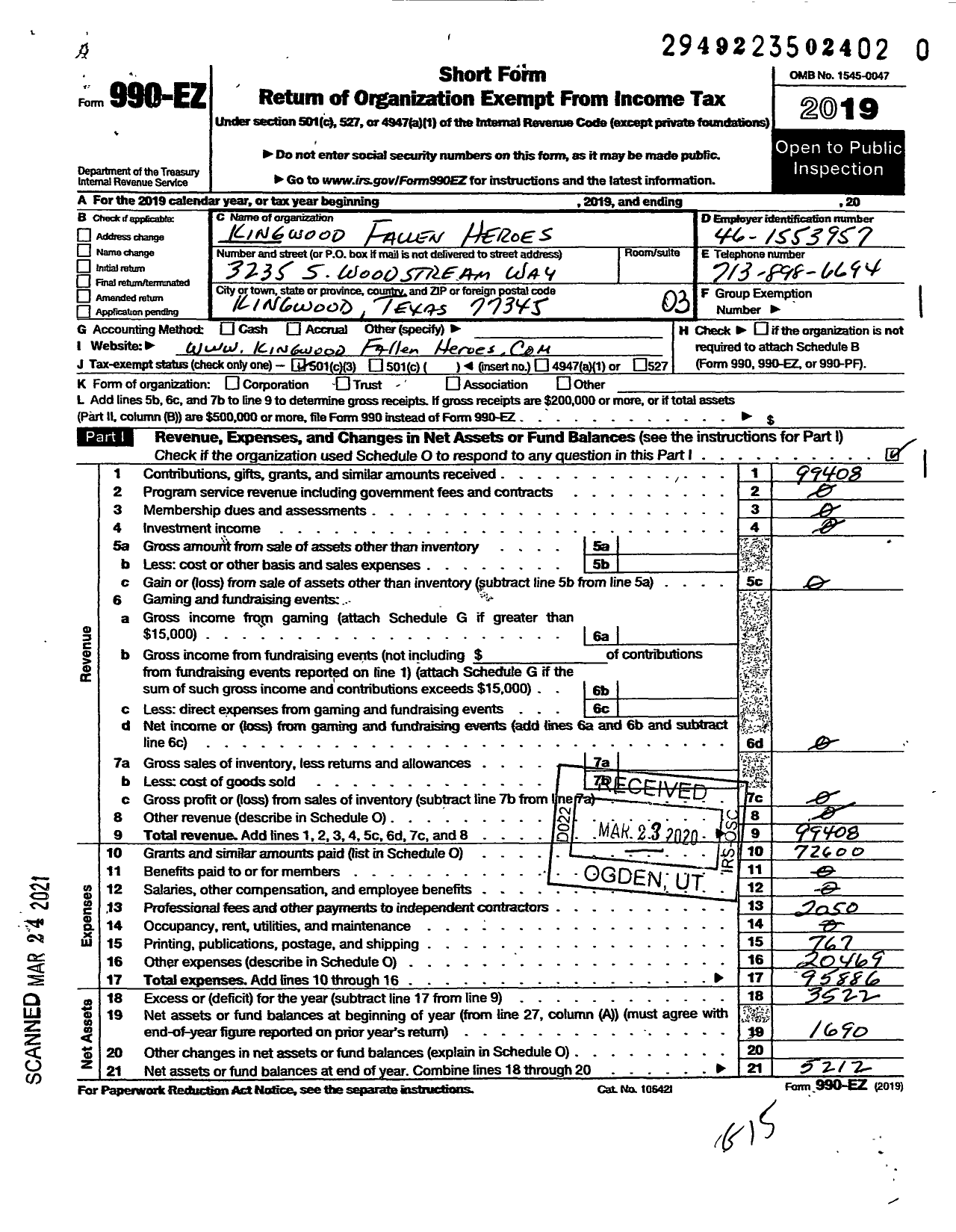 Image of first page of 2019 Form 990EZ for Kingwood Fallen Heroes