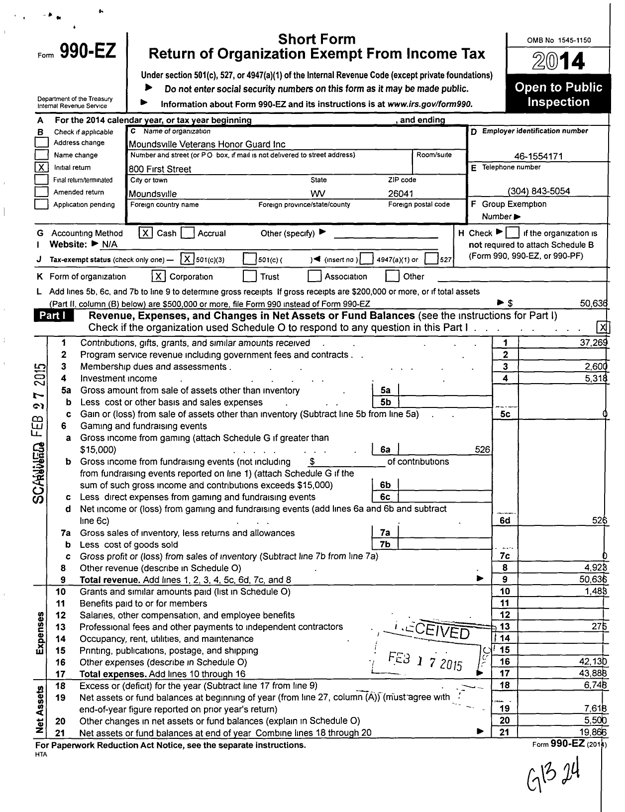 Image of first page of 2014 Form 990EZ for Moundsville Veterans Honor Guard