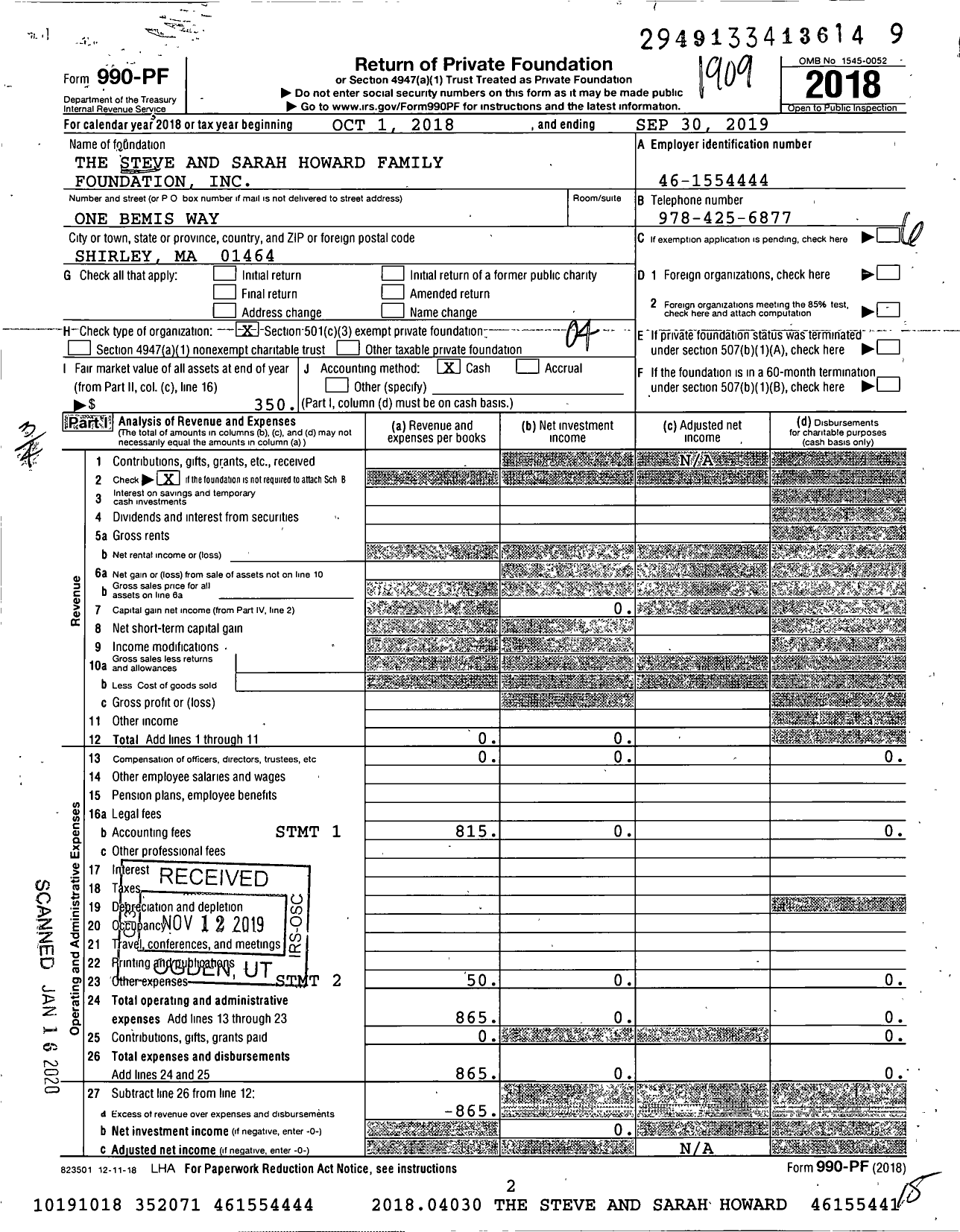 Image of first page of 2018 Form 990PF for The Steve and Sarah Howard Family Foundation