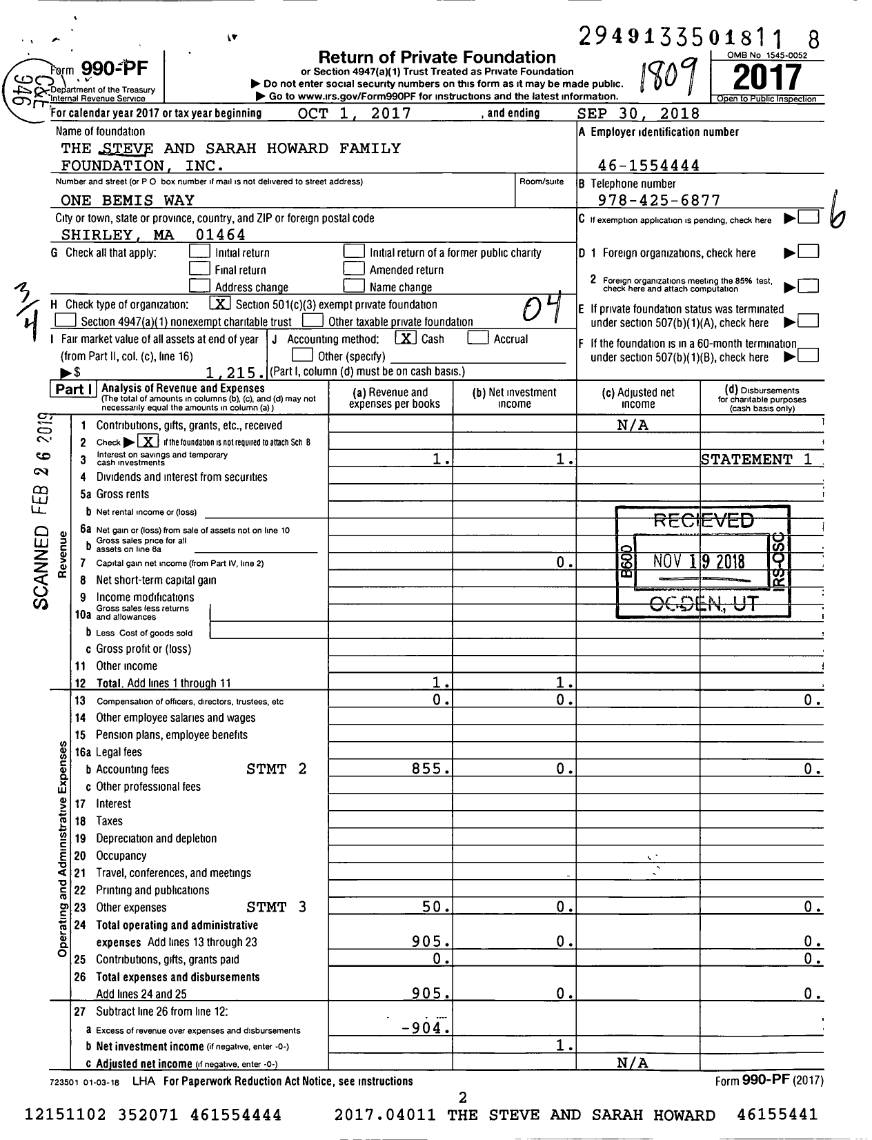 Image of first page of 2017 Form 990PF for The Steve and Sarah Howard Family Foundation