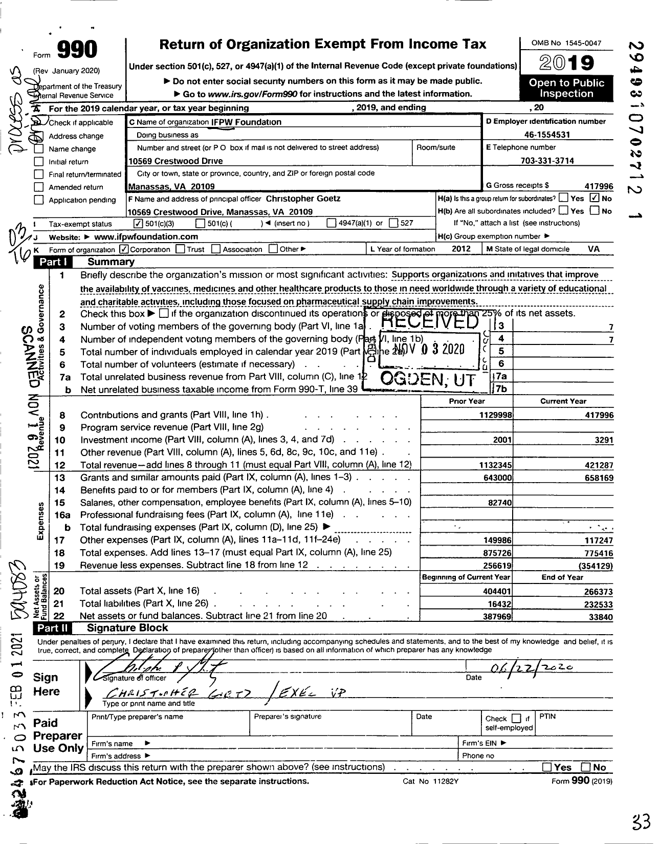 Image of first page of 2019 Form 990 for Ifpw Foundation