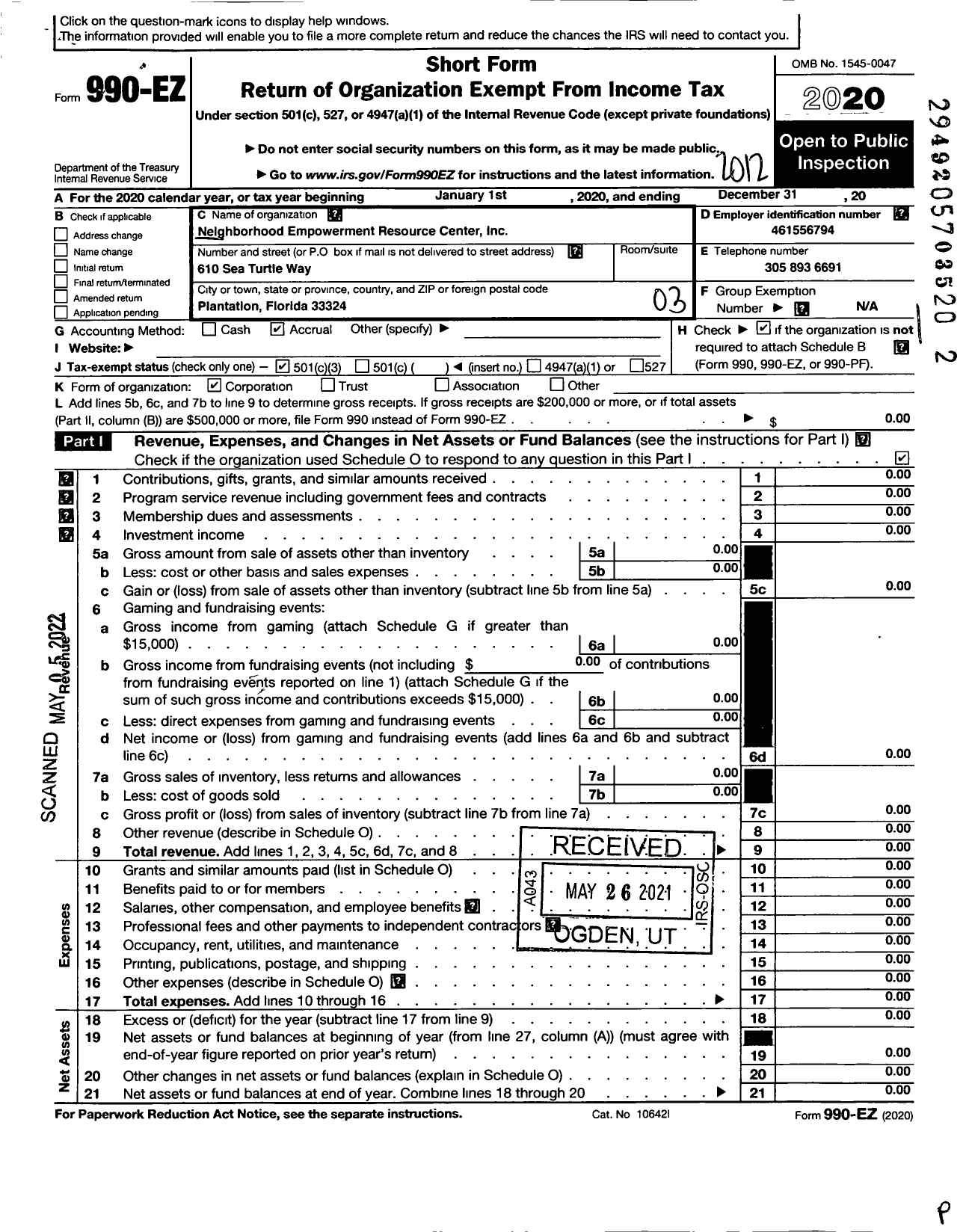 Image of first page of 2020 Form 990EZ for Neighborhood Empowerment Resource Center