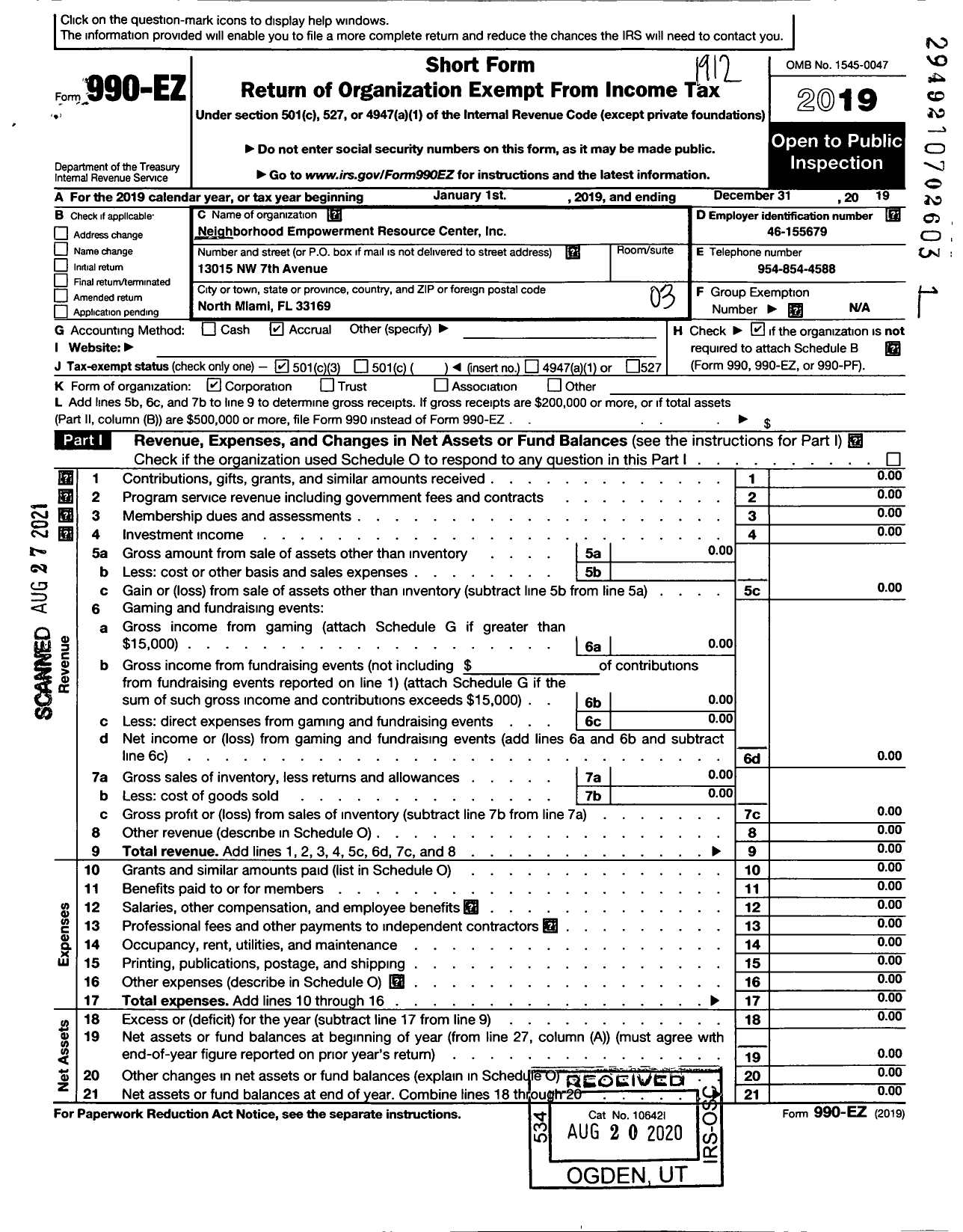 Image of first page of 2019 Form 990EZ for Neighborhood Empowerment Resource Center