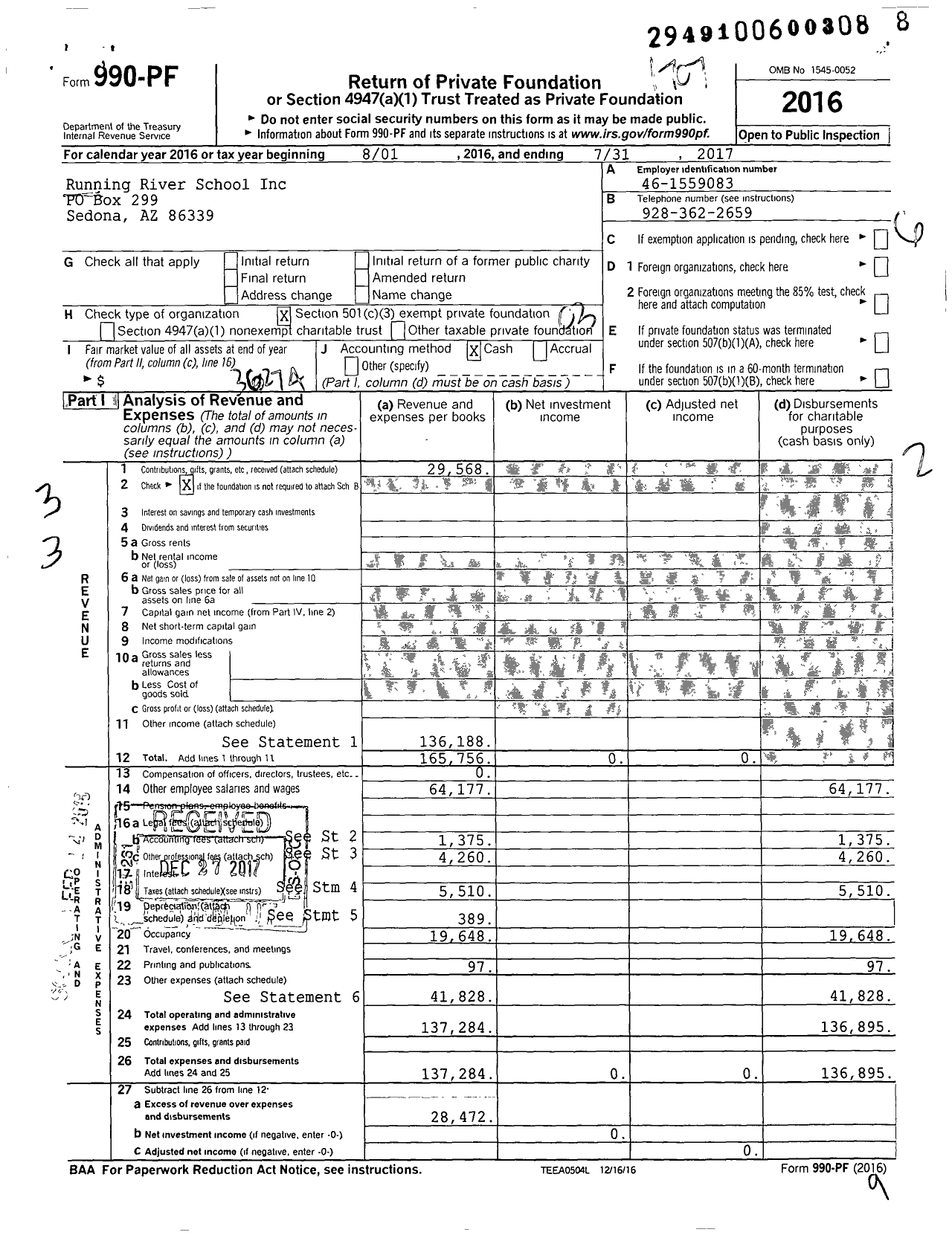 Image of first page of 2016 Form 990PF for Running River School