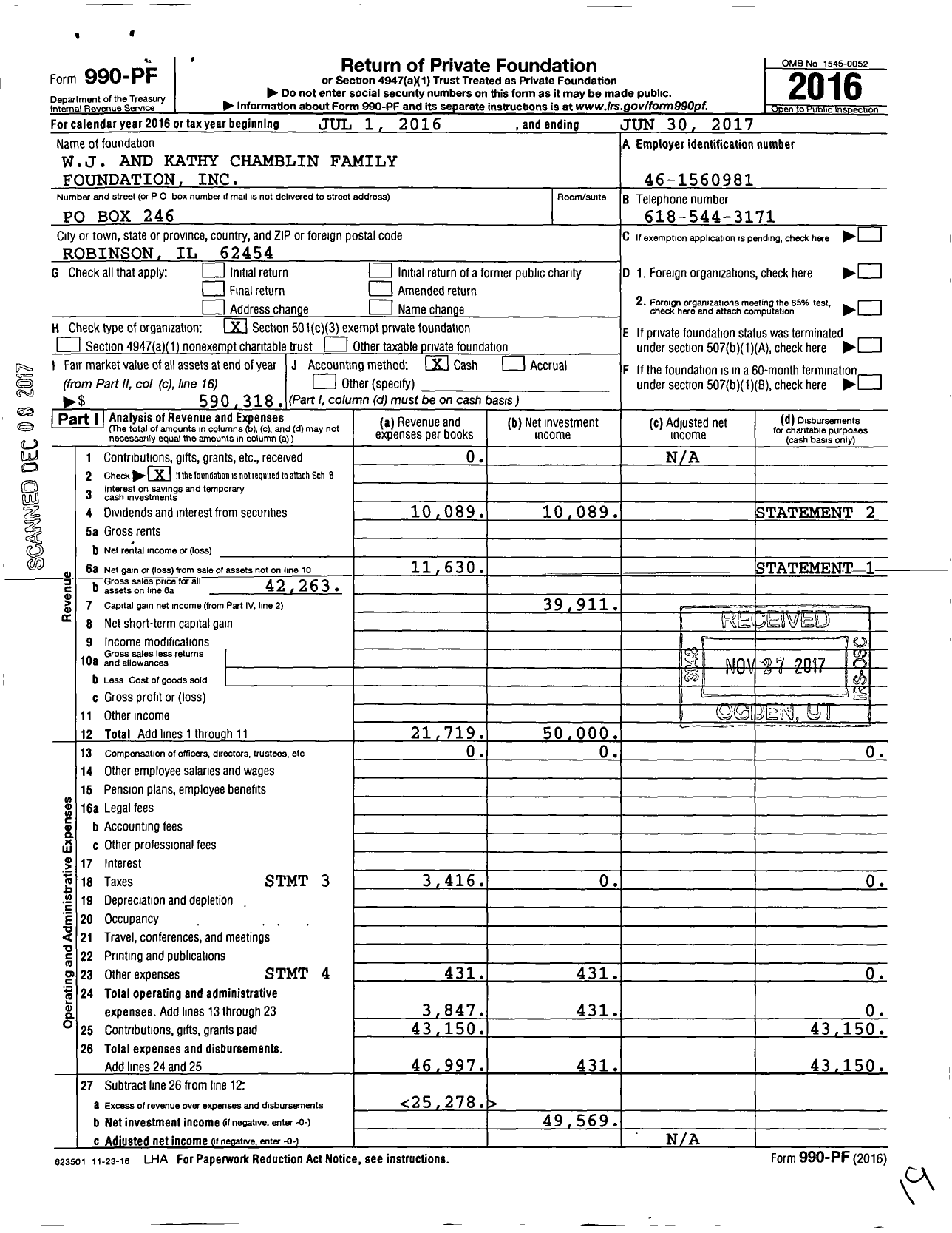 Image of first page of 2016 Form 990PF for W J And Kathy Chamblin Family Foundation