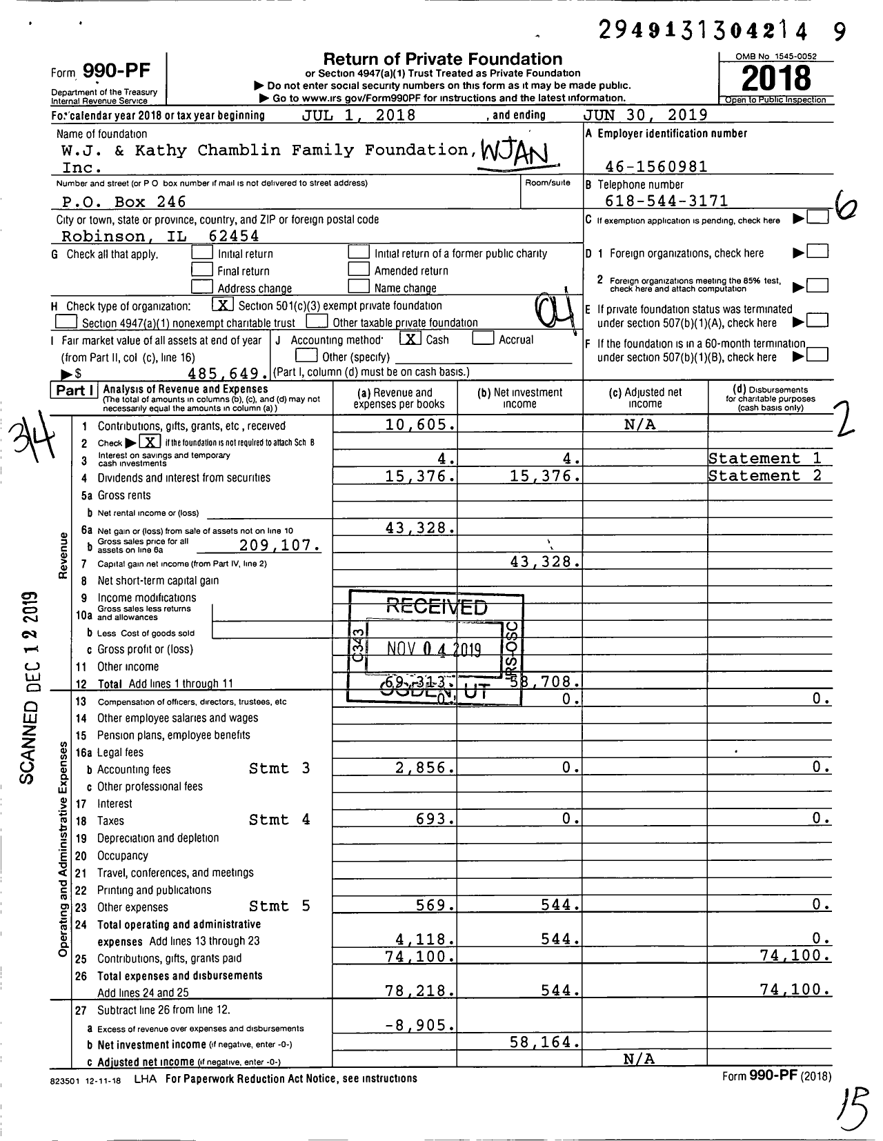 Image of first page of 2018 Form 990PF for W J And Kathy Chamblin Family Foundation