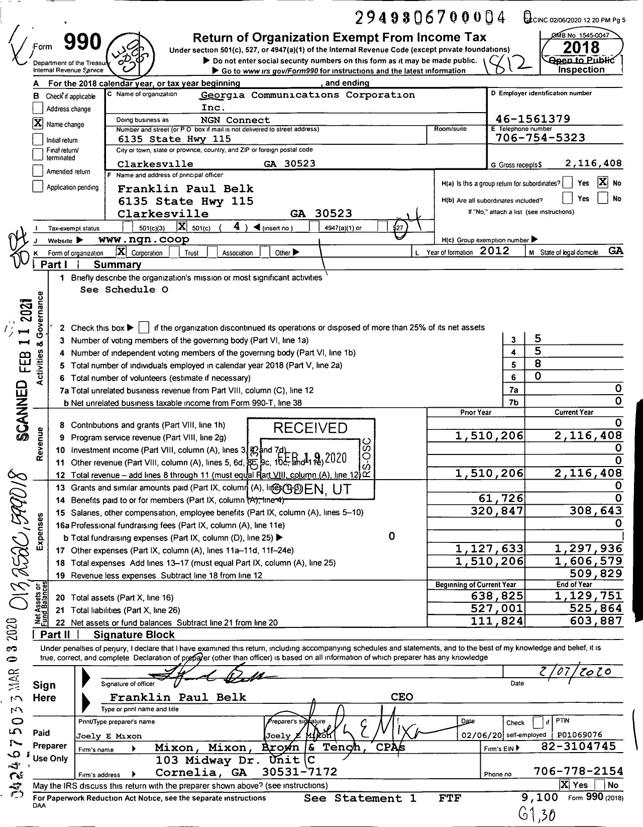 Image of first page of 2018 Form 990O for NGN Connect