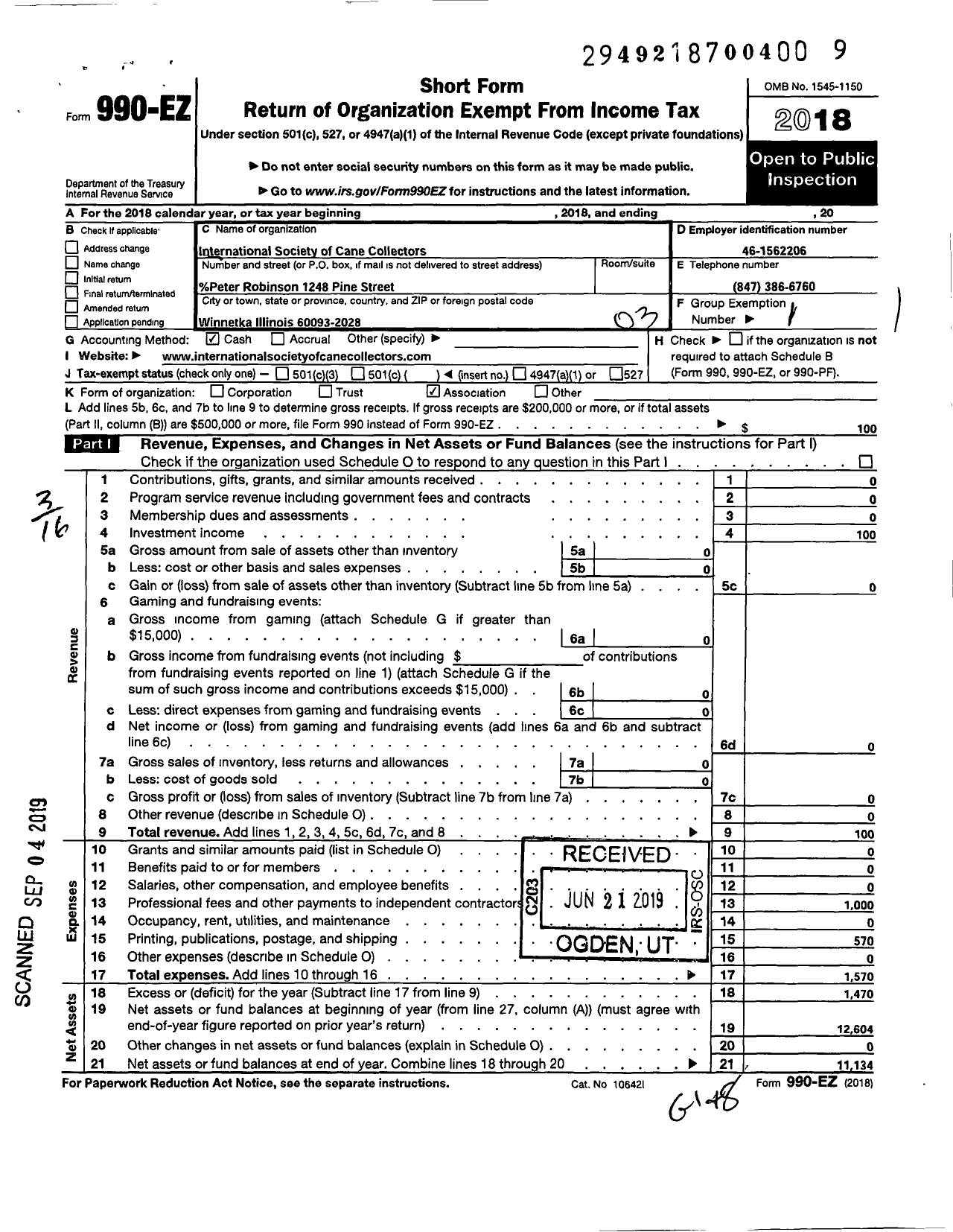 Image of first page of 2018 Form 990EZ for International Society of Cane Collectors