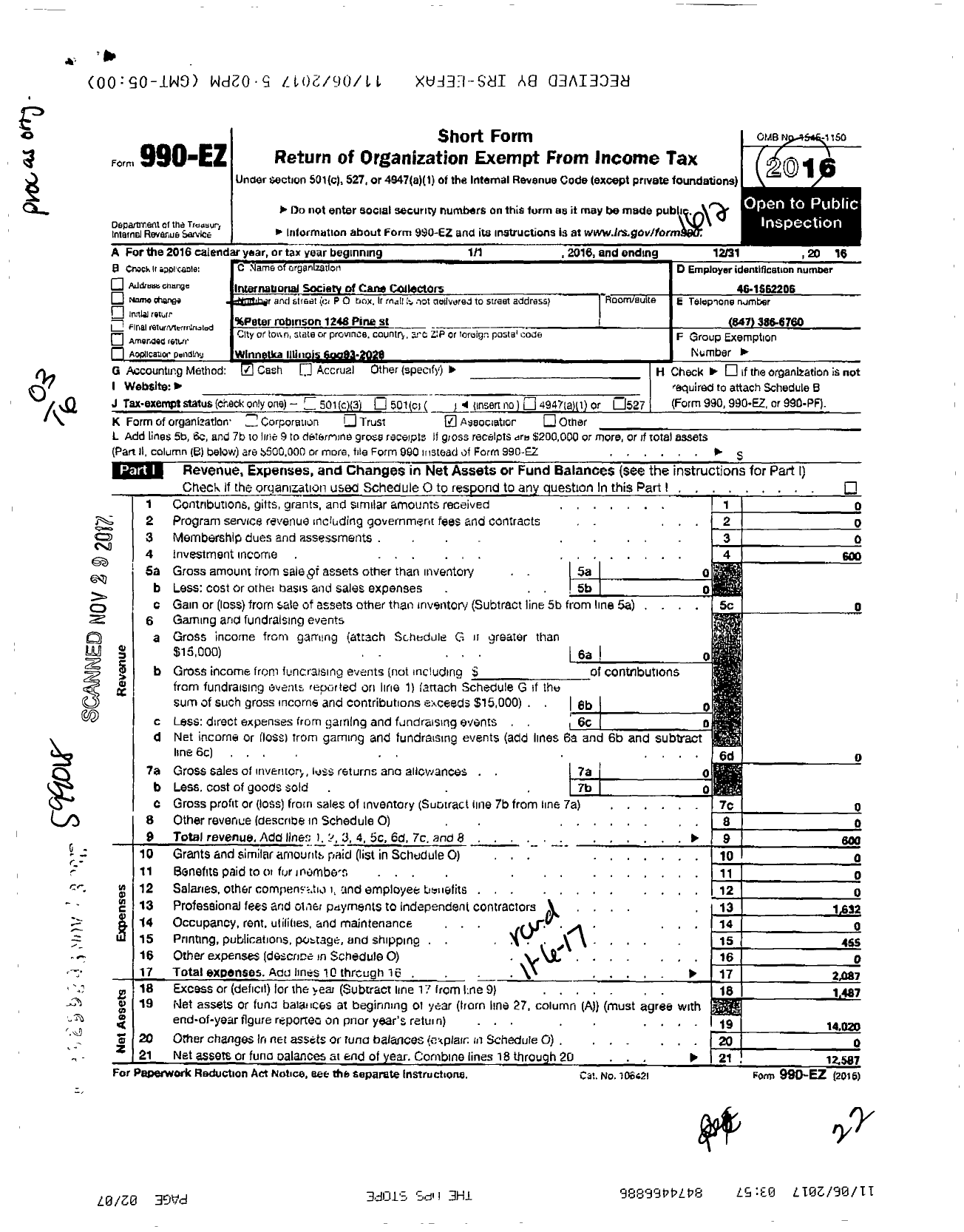 Image of first page of 2016 Form 990EO for International Society of Cane Collectors