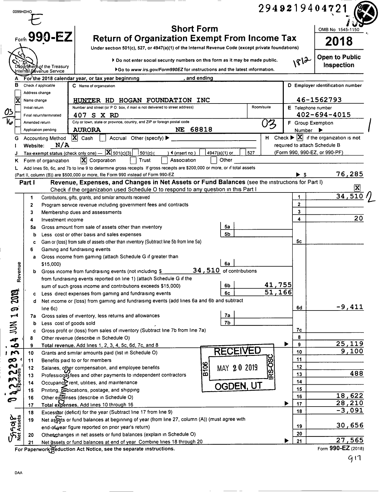 Image of first page of 2018 Form 990EZ for Hunter HD Hogan Foundation