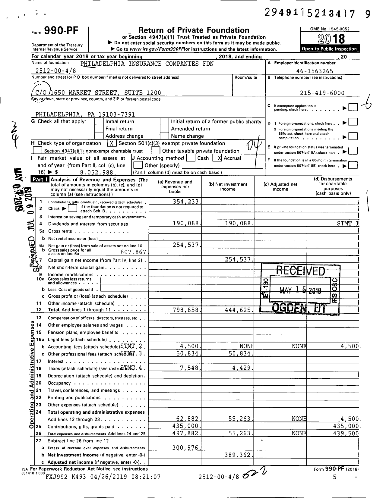 Image of first page of 2018 Form 990PF for Philadelphia Insurance Companies Foundation