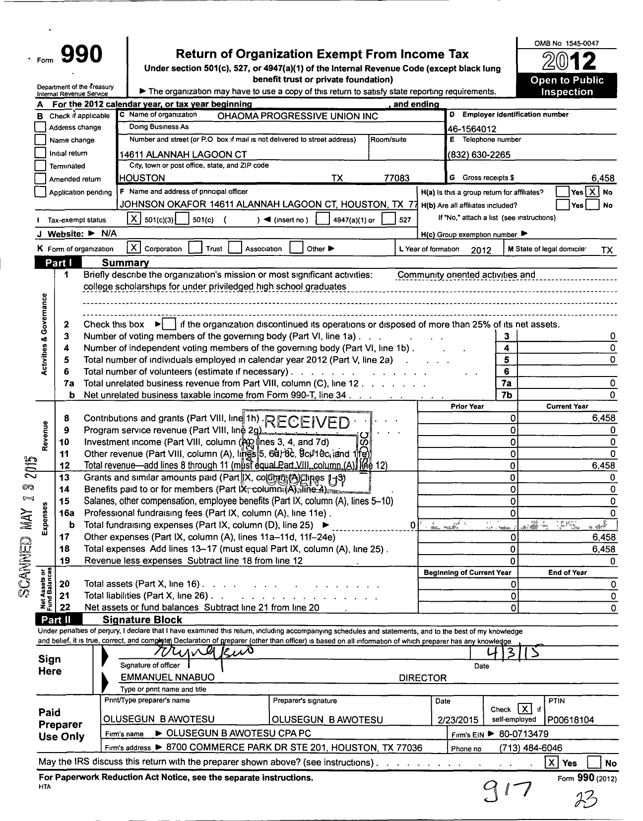 Image of first page of 2012 Form 990 for Ohaoma Progressive Union