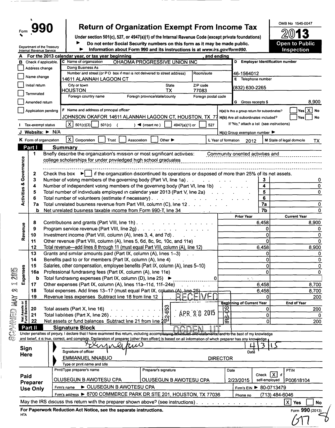 Image of first page of 2013 Form 990 for Ohaoma Progressive Union