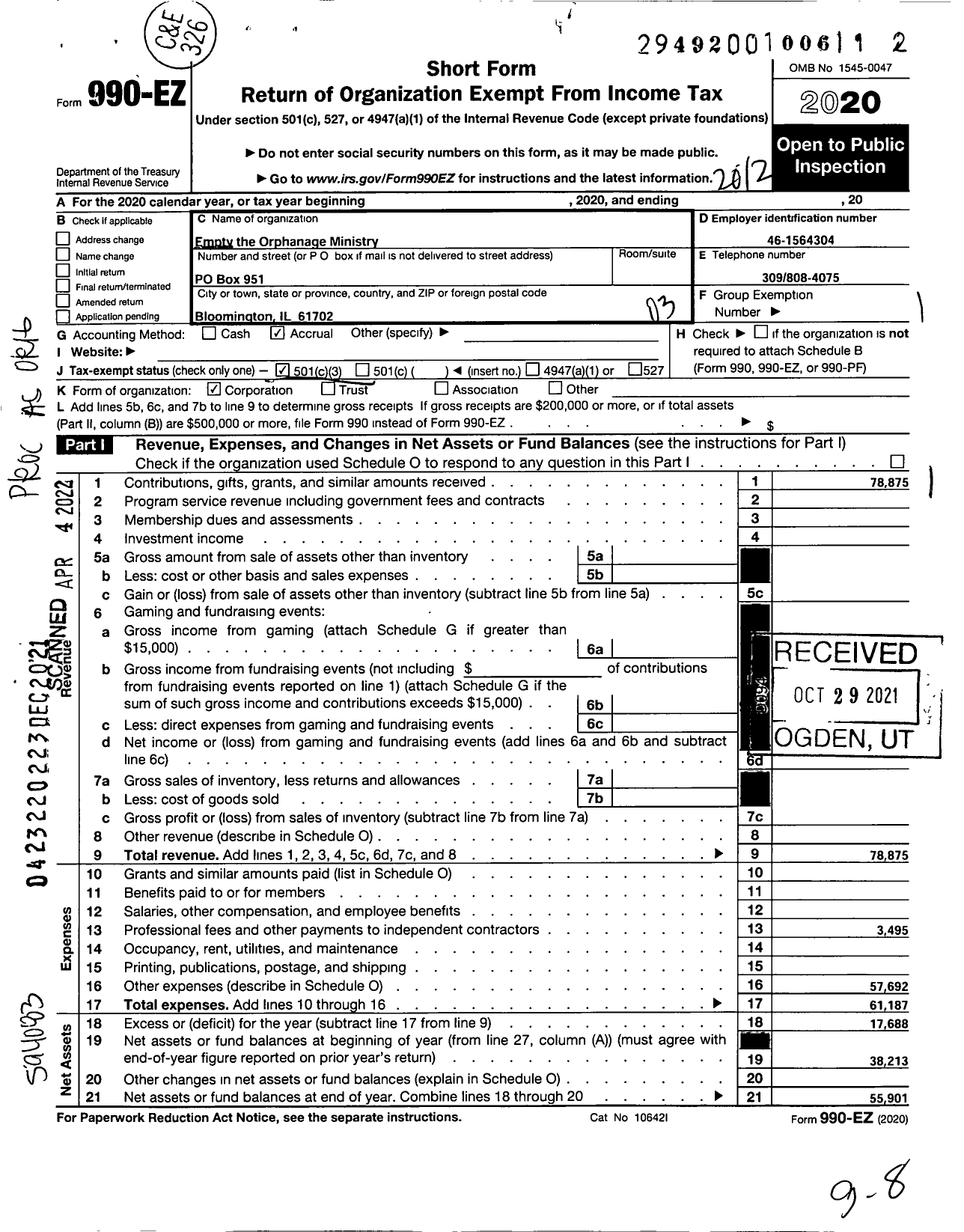 Image of first page of 2020 Form 990EZ for Empty the Orphanage Ministry