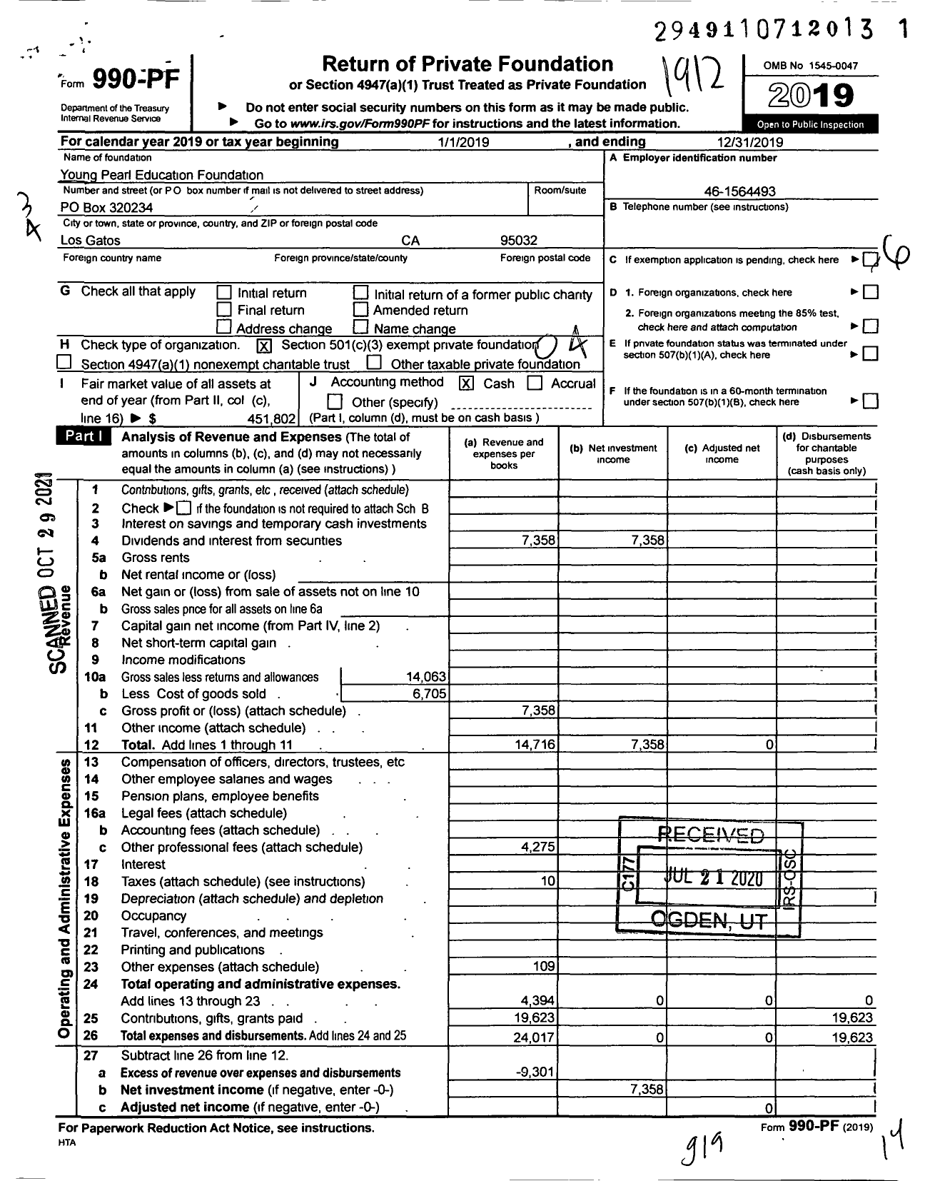 Image of first page of 2019 Form 990PF for Young Pearl Education Foundation