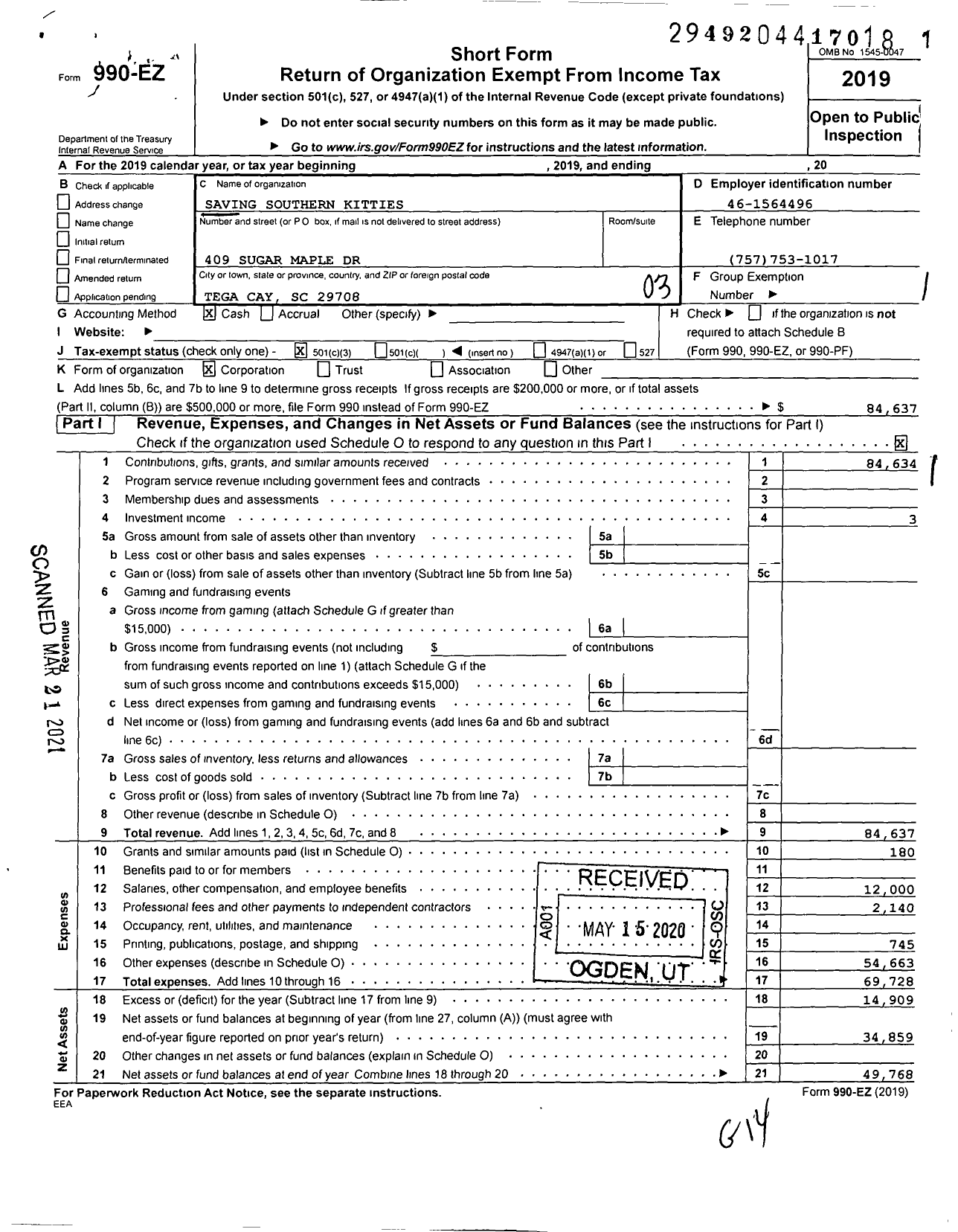 Image of first page of 2019 Form 990EZ for Saving Southern Kitties