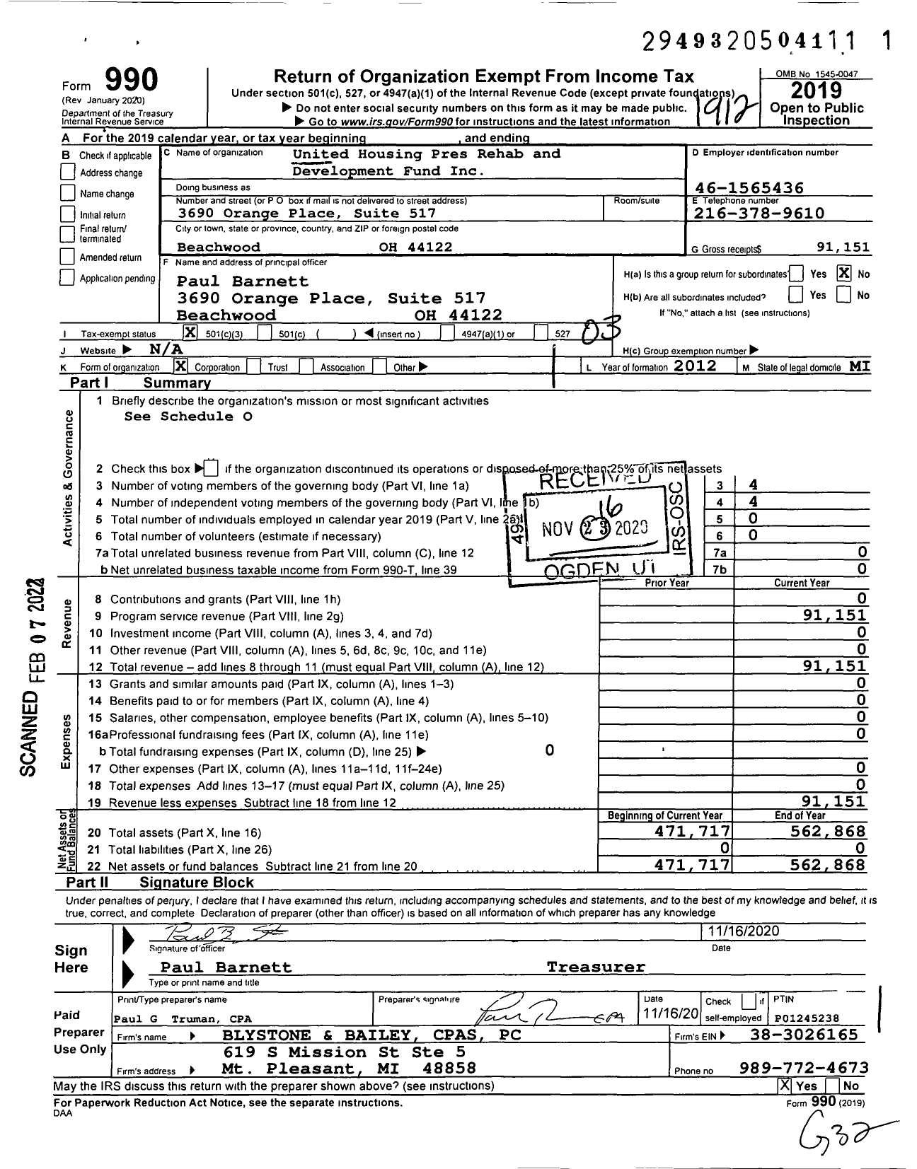 Image of first page of 2019 Form 990 for United Housing Pres Rehab and Development Fund