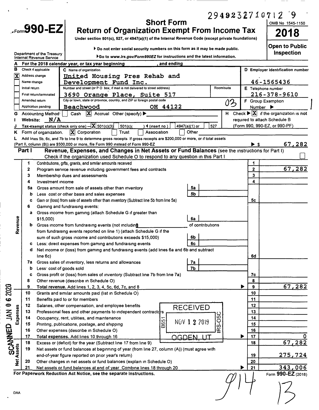 Image of first page of 2018 Form 990EZ for United Housing Pres Rehab and Development Fund