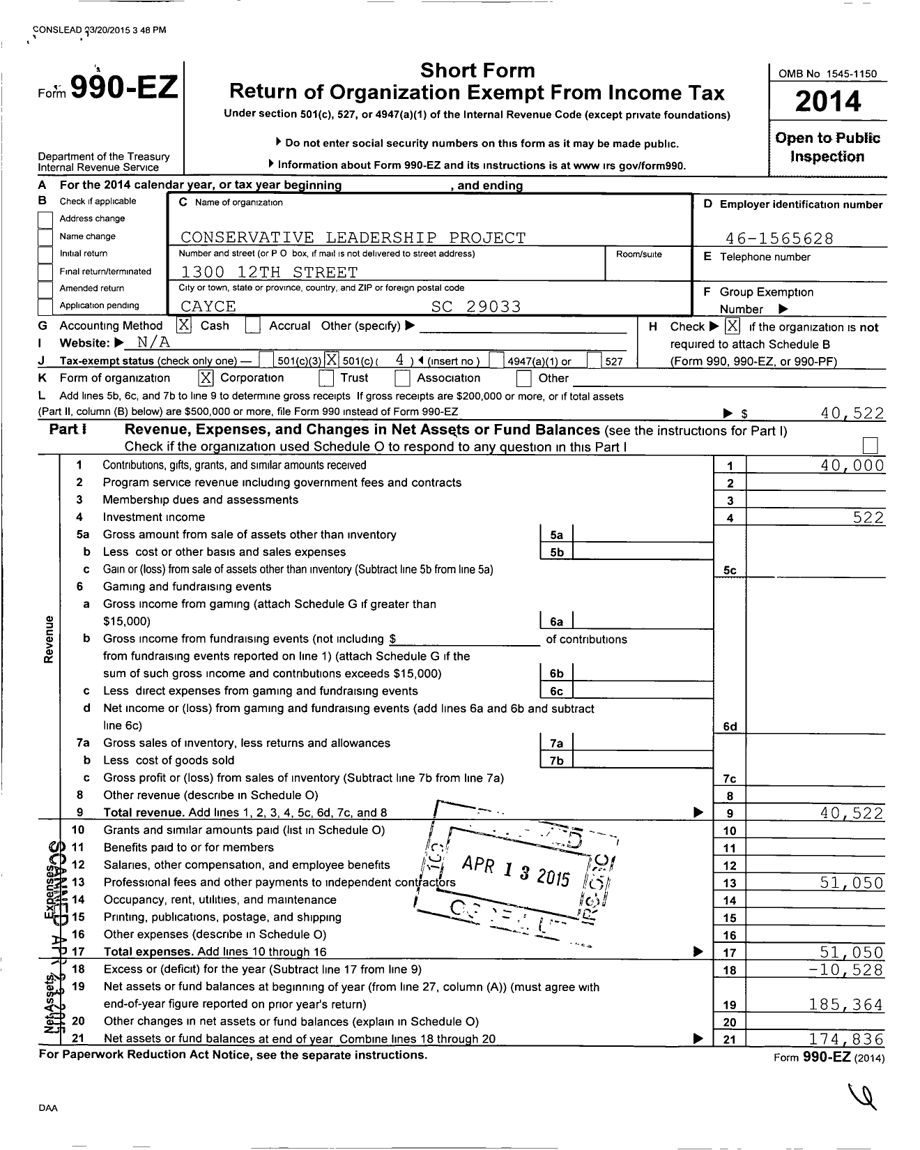 Image of first page of 2014 Form 990EO for Conservative Leadership Project