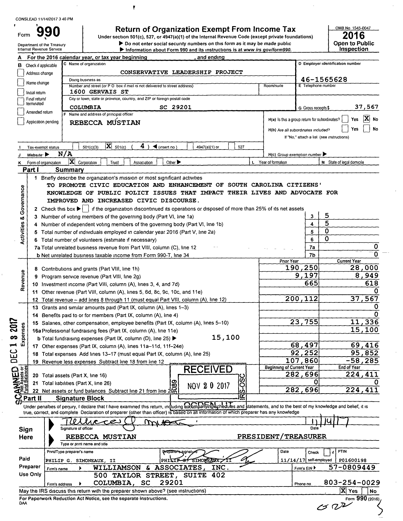 Image of first page of 2016 Form 990O for Conservative Leadership Project