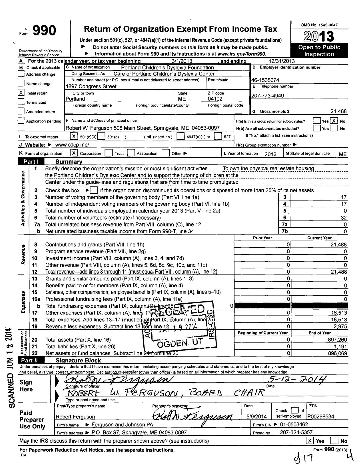 Image of first page of 2013 Form 990 for Portland Childrens Dyslexia Foundation