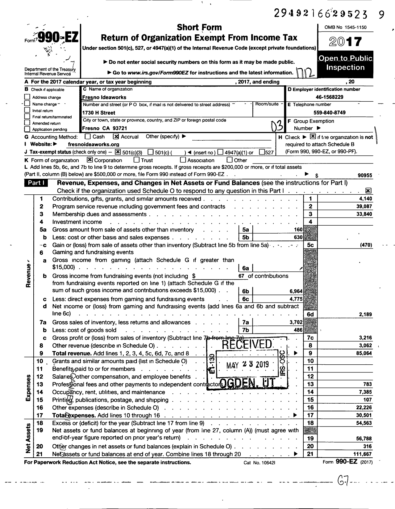 Image of first page of 2017 Form 990EZ for Fresno Ideaworks