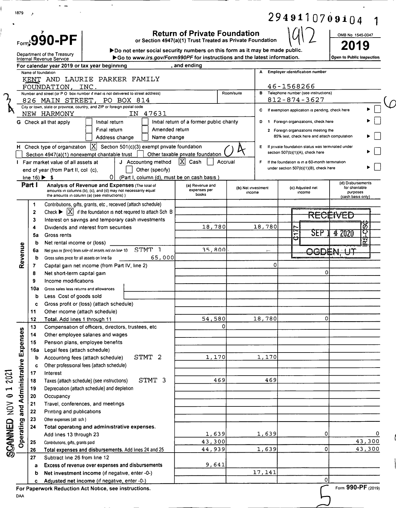 Image of first page of 2019 Form 990PF for Kent and Laurie Parker Family Foundation