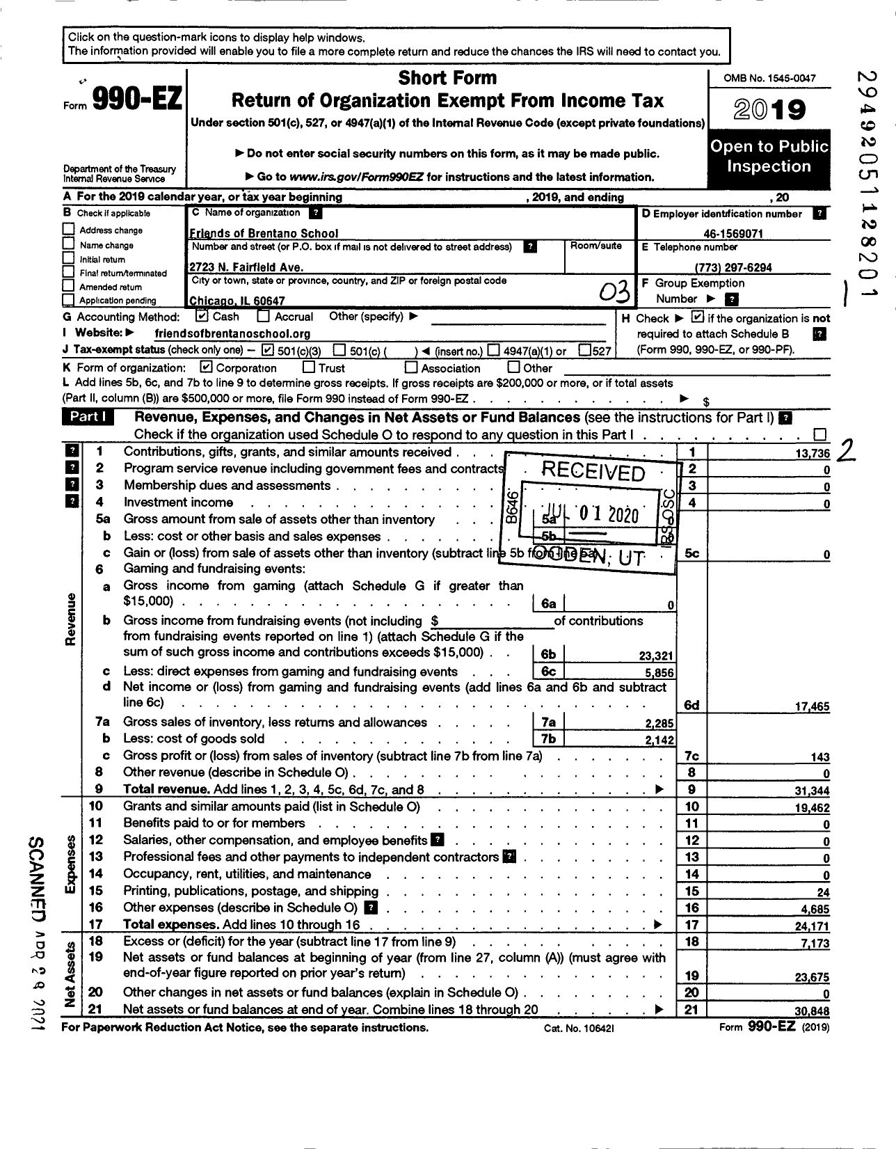 Image of first page of 2019 Form 990EZ for Friends Ofbrentano School