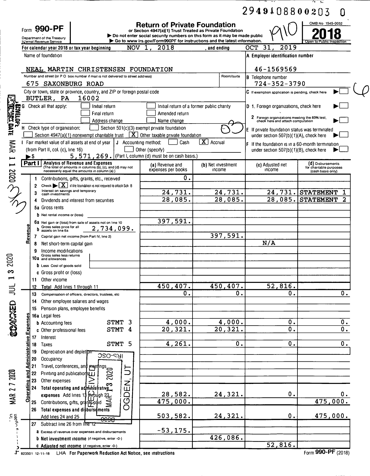 Image of first page of 2018 Form 990PR for Neal Martin Christensen Foundation