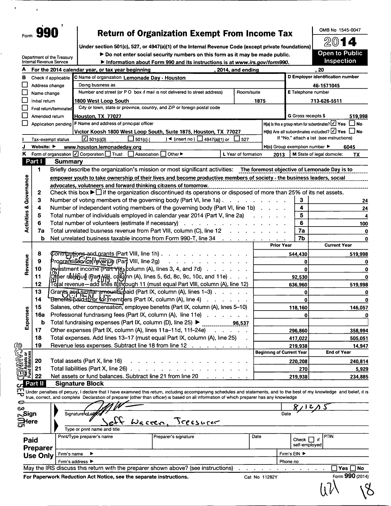 Image of first page of 2014 Form 990 for Lemonade Day Houston