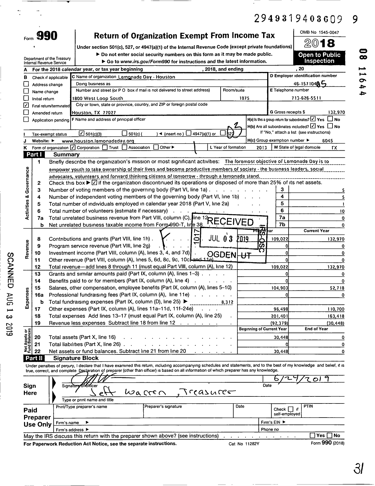 Image of first page of 2018 Form 990 for Lemonade Day Houston