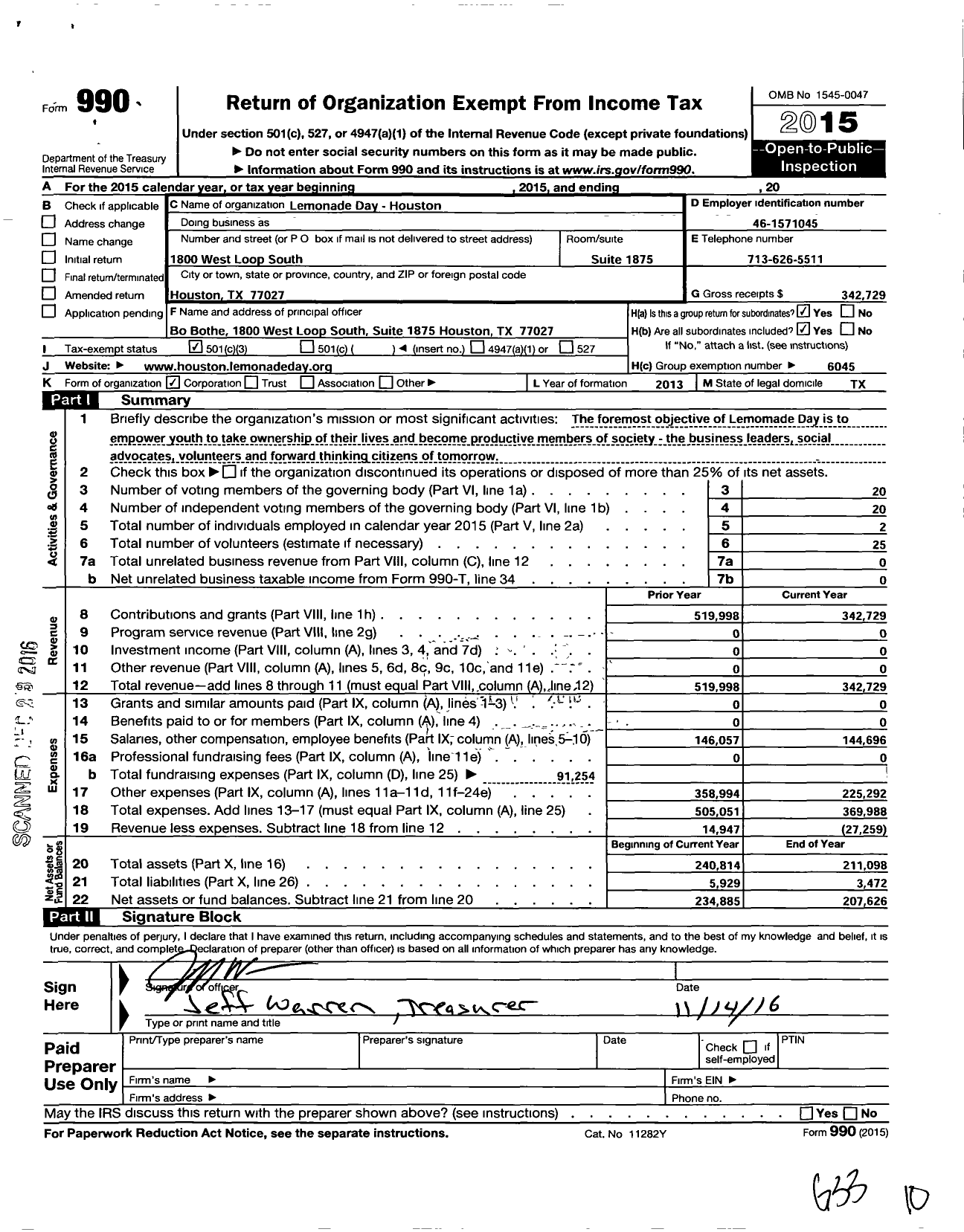 Image of first page of 2015 Form 990 for Lemonade Day Houston