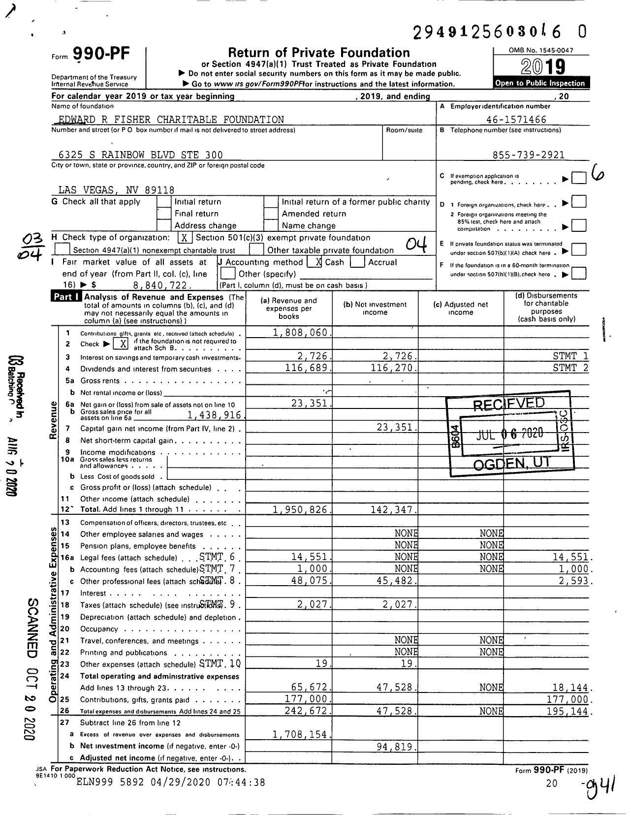 Image of first page of 2019 Form 990PR for Edward R Fisher Charitable FNDN