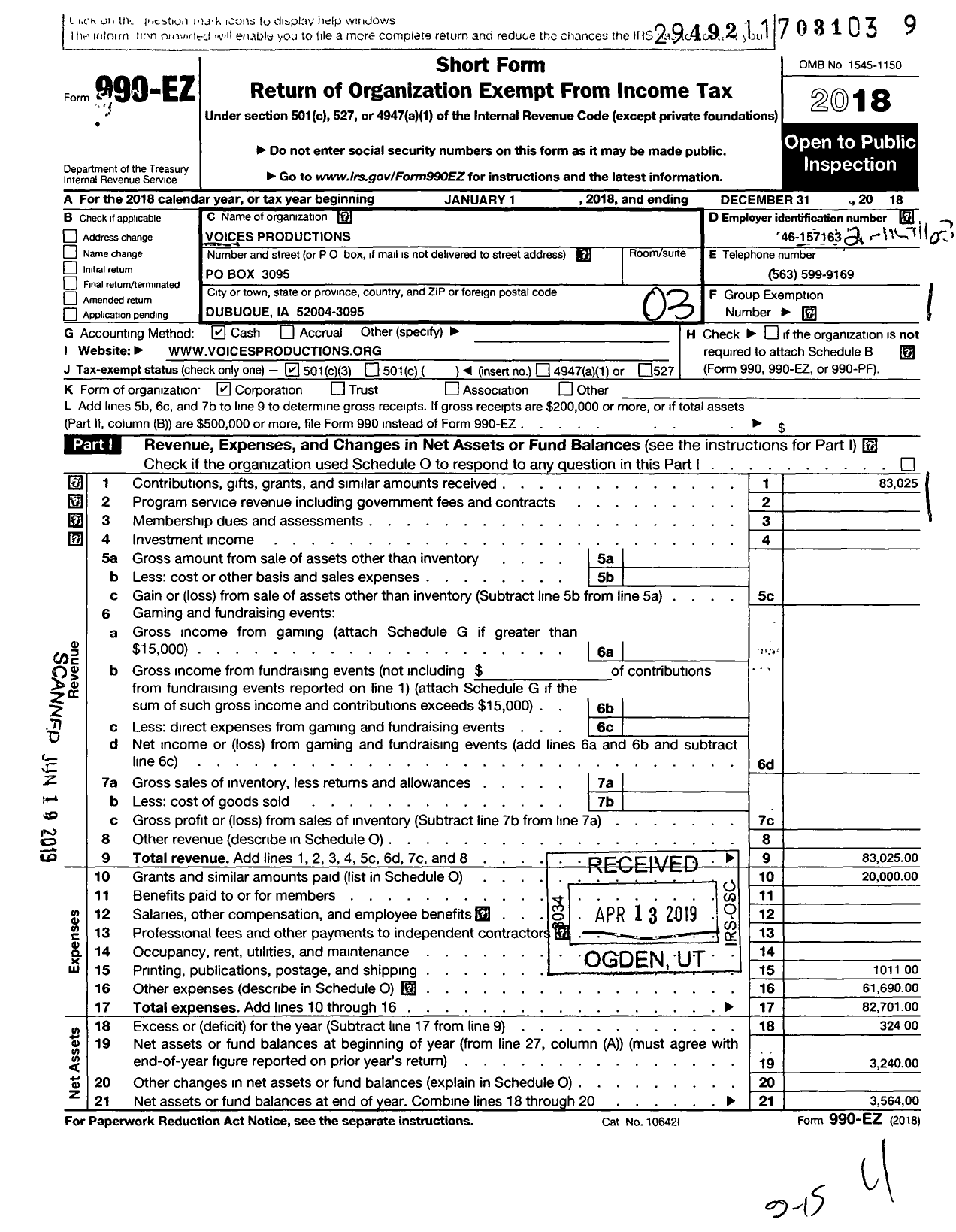 Image of first page of 2018 Form 990EZ for Voices Productions