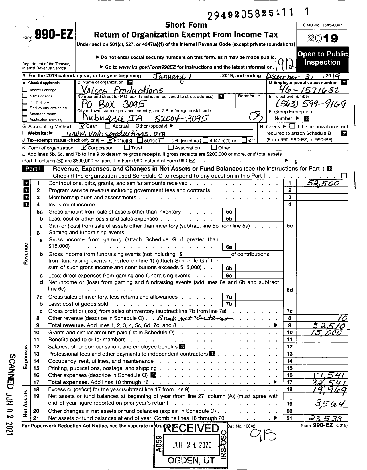 Image of first page of 2019 Form 990EZ for Voices Productions