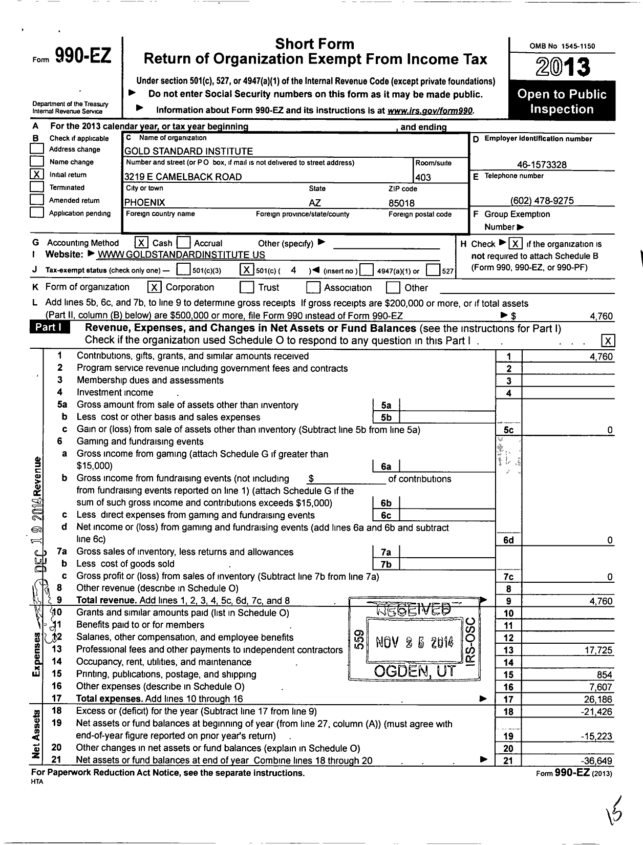 Image of first page of 2013 Form 990EO for Gold Standard Institute