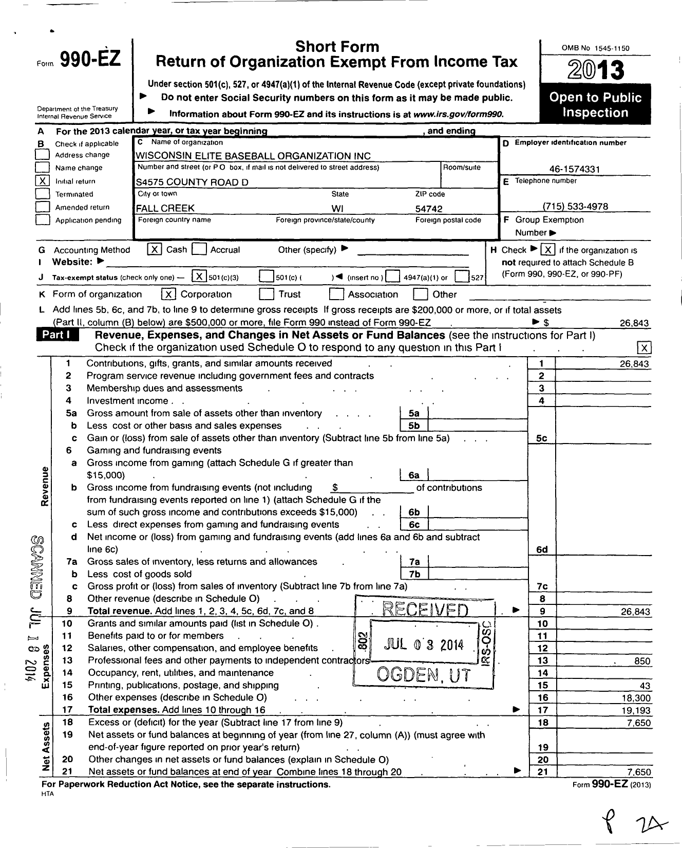 Image of first page of 2013 Form 990EZ for Wisconsin Elite Baseball Organization