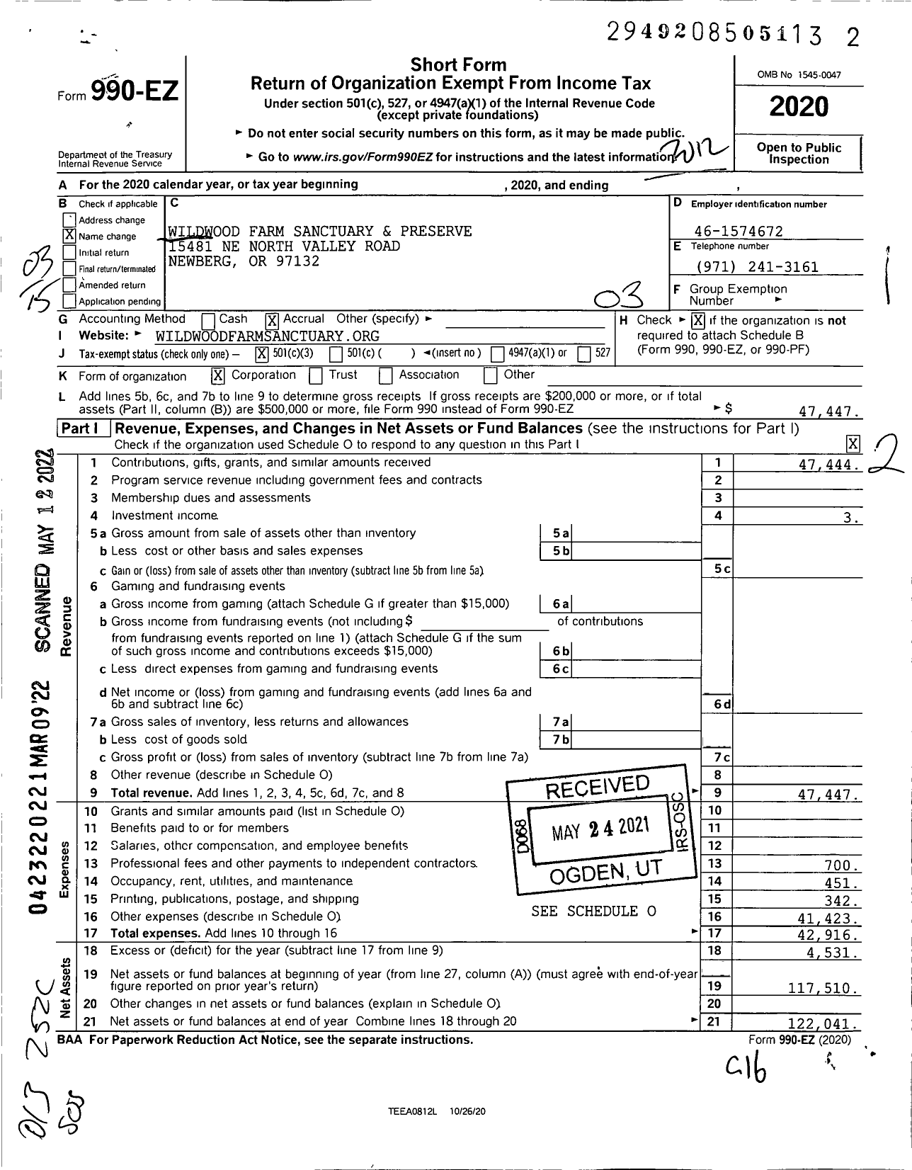 Image of first page of 2020 Form 990EZ for Wildwood Farm Sanctuary and Preserve